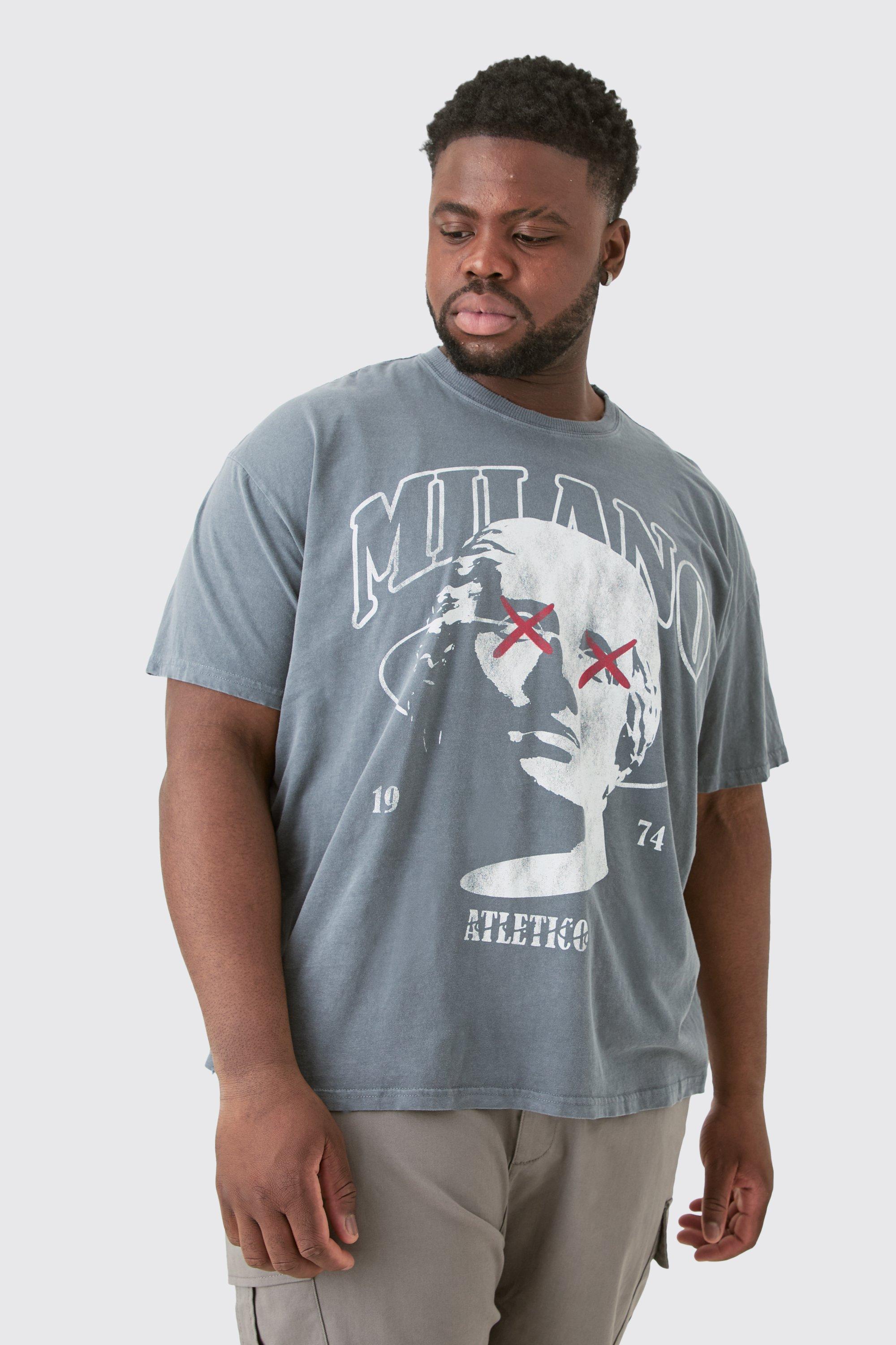 Mens Grey Plus Distressed Oversized Washed Milano Graphic T-shirt, Grey