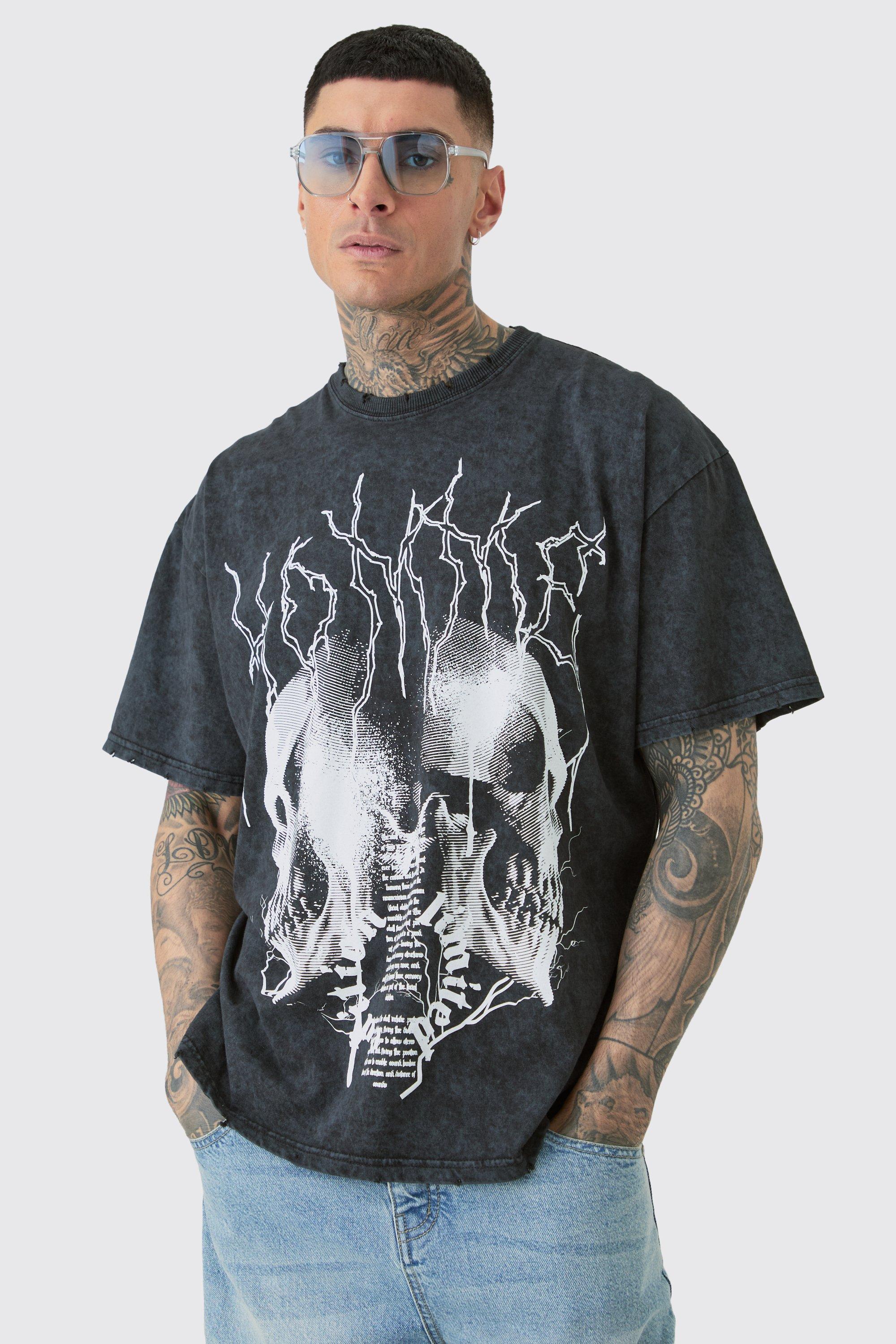 Image of Tall Distressed Oversized Acid Wash Gothic Print T-shirt, Grigio