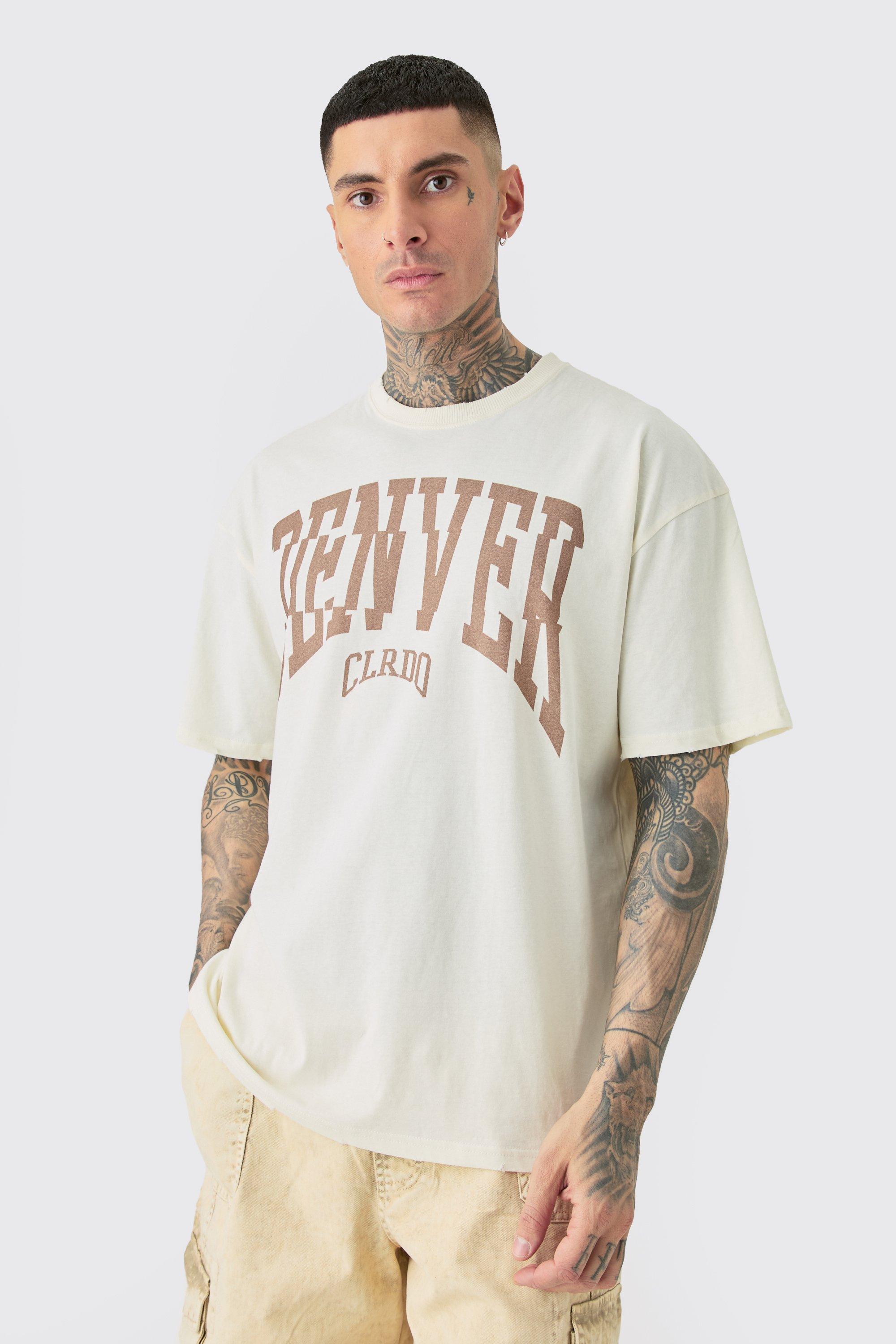 Image of Tall Distressed Oversized Acid Wash Denver Varsity T-shirt, Cream