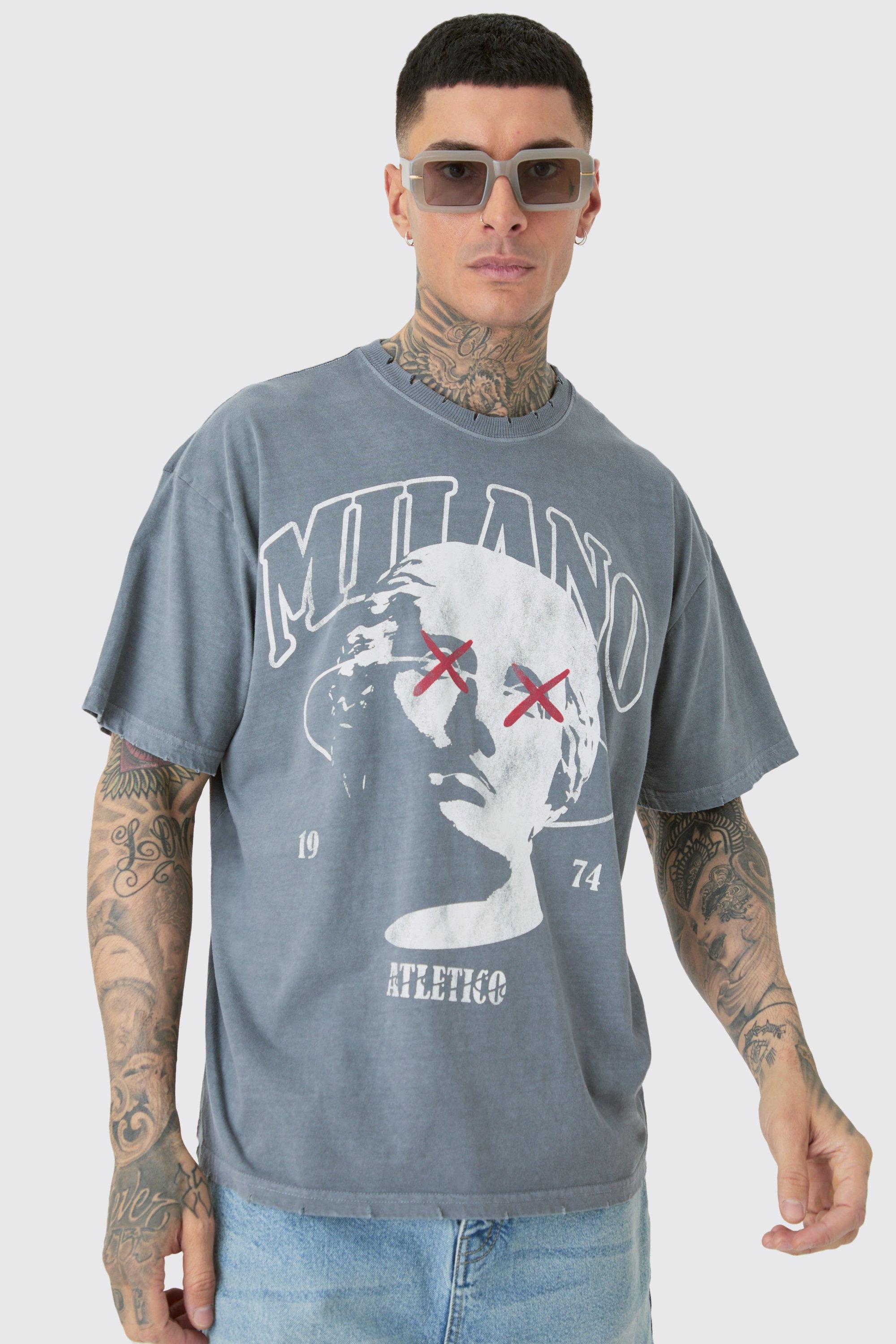 Image of Tall Distressed Oversized Overdye Milano Graphic T-shirt, Grigio