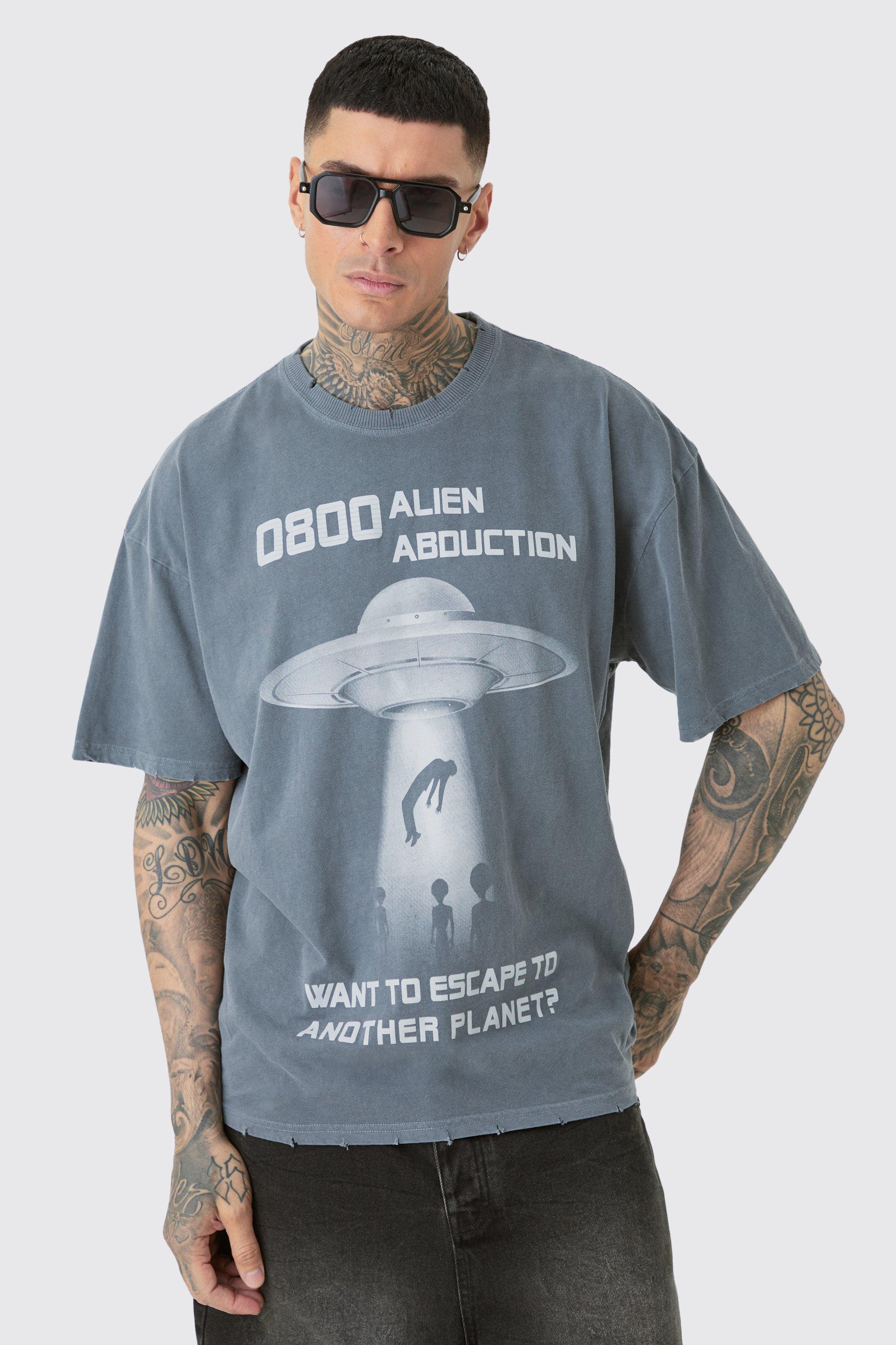 Image of Tall Distressed Oversized Overdye Alien Graphic T-shirt, Grigio