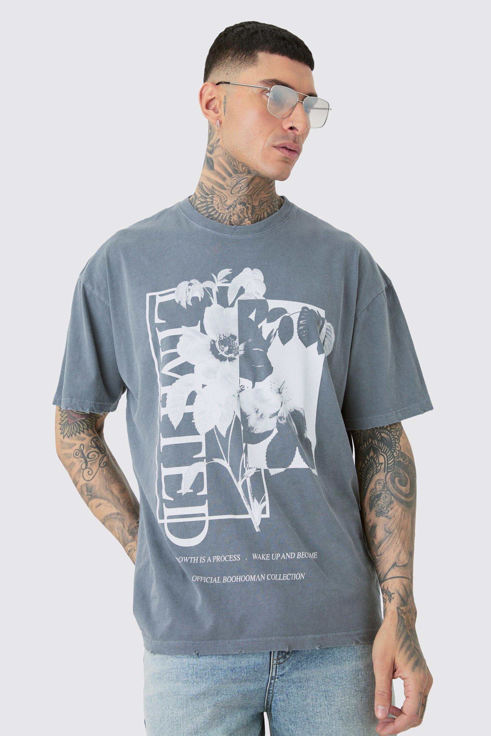 Image of Tall Distressed Oversized Overdye Floral Graphic T-shirt, Grigio