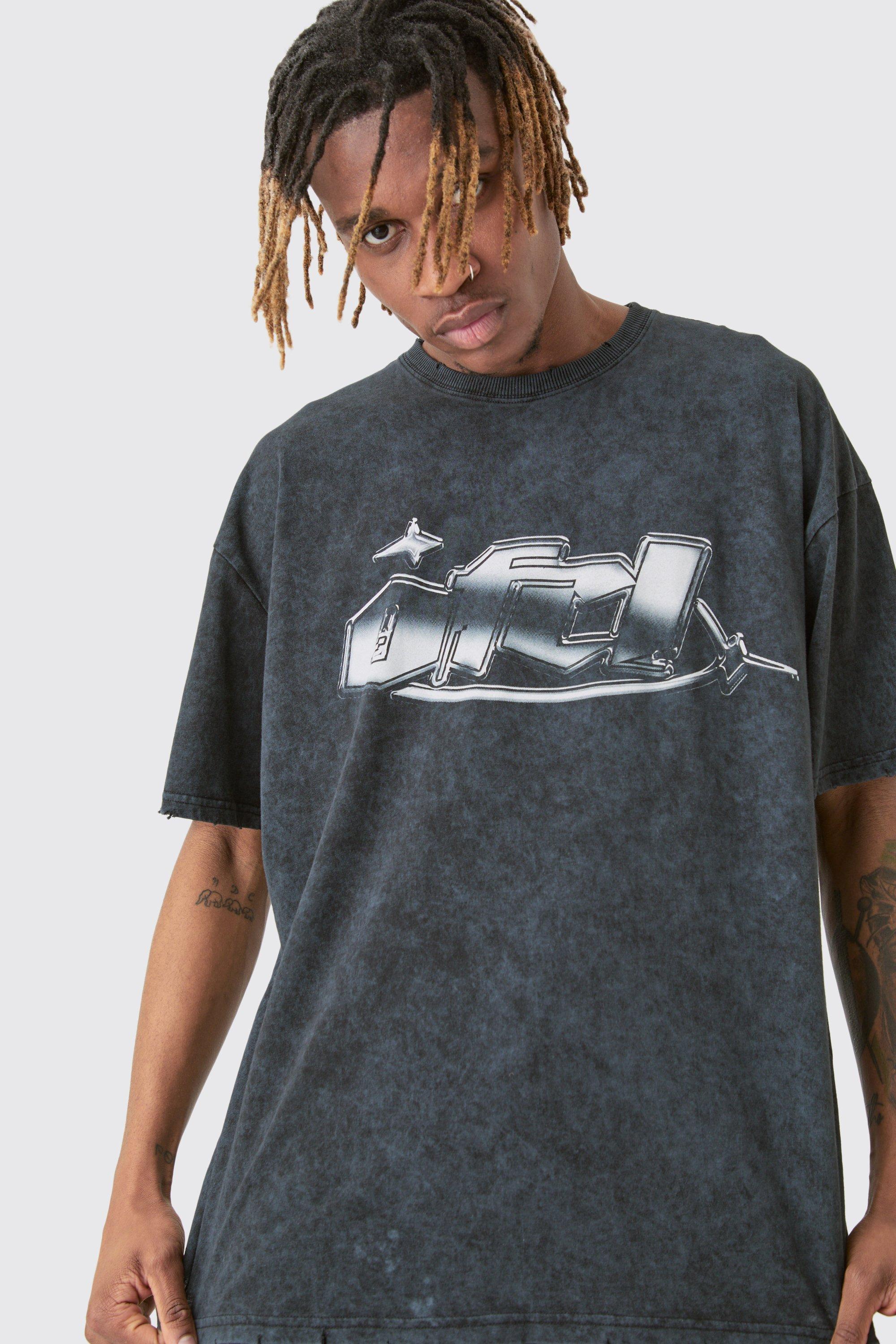 Image of Tall Distressed Oversized Acid Wash Metallic Graphic T-shirt, Grigio