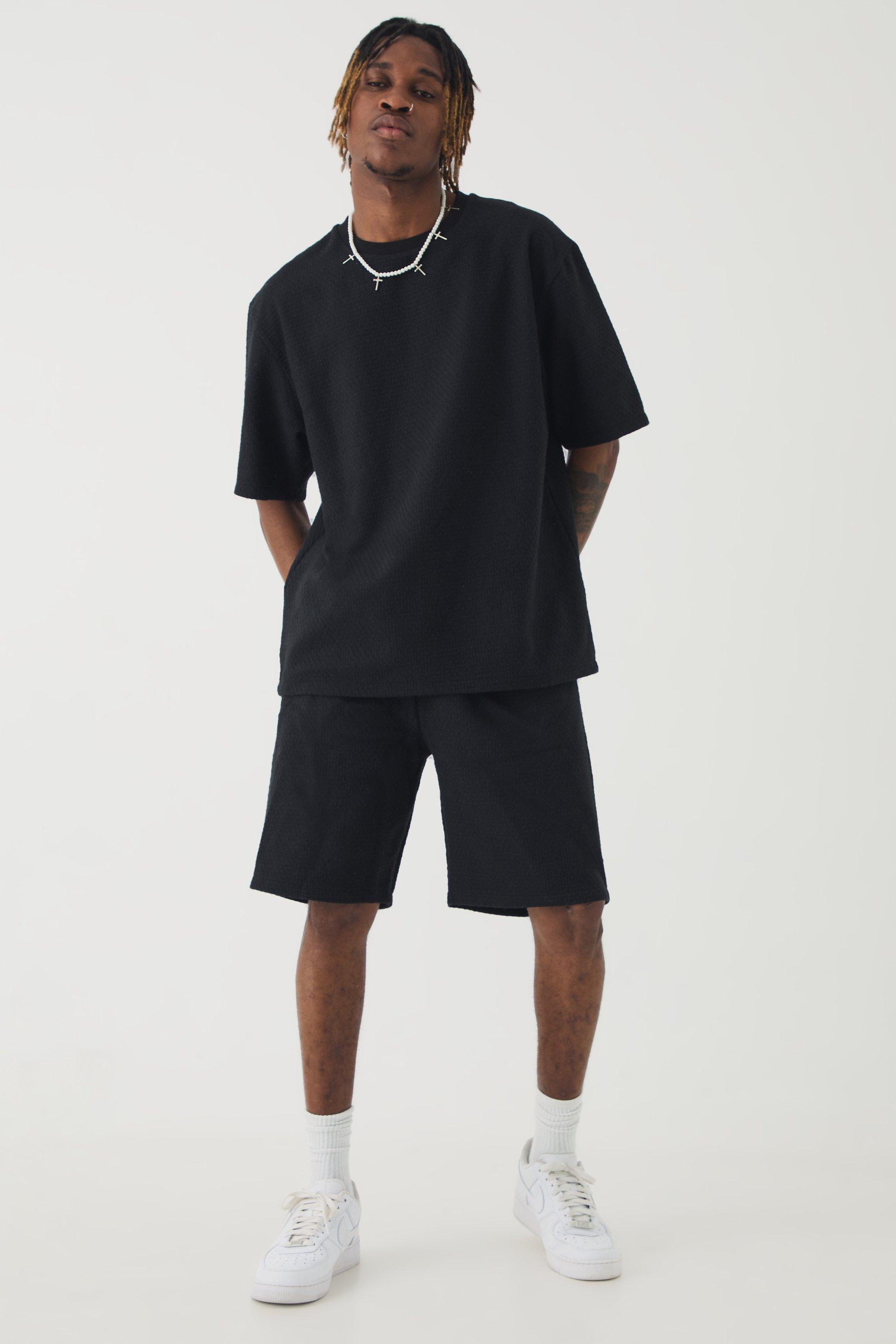 Mens Black Tall Jacquard T-shirt & Relaxed Short Set, Black