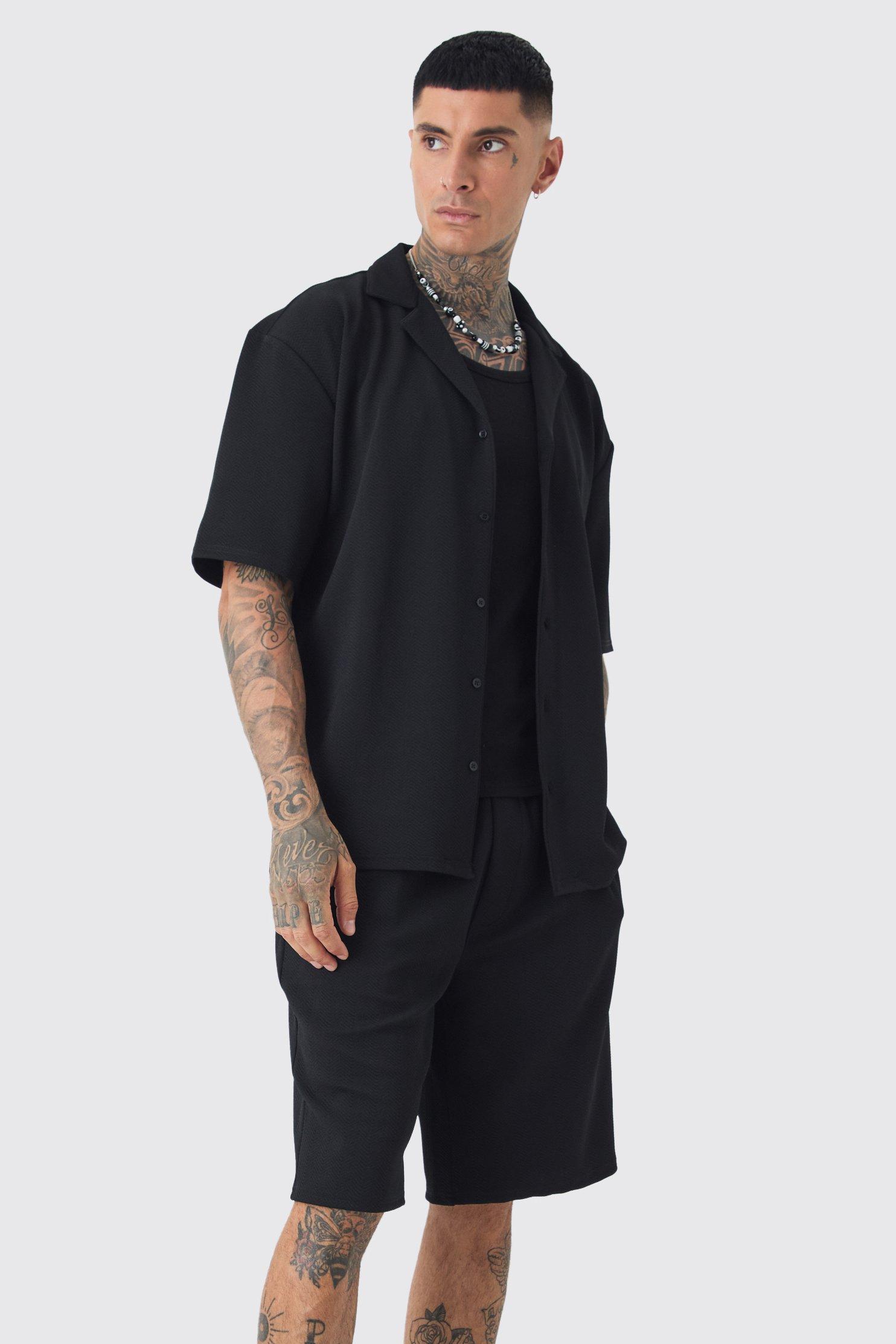 Mens Tall Herringbone Detail Shirt & Short Set In Black, Black