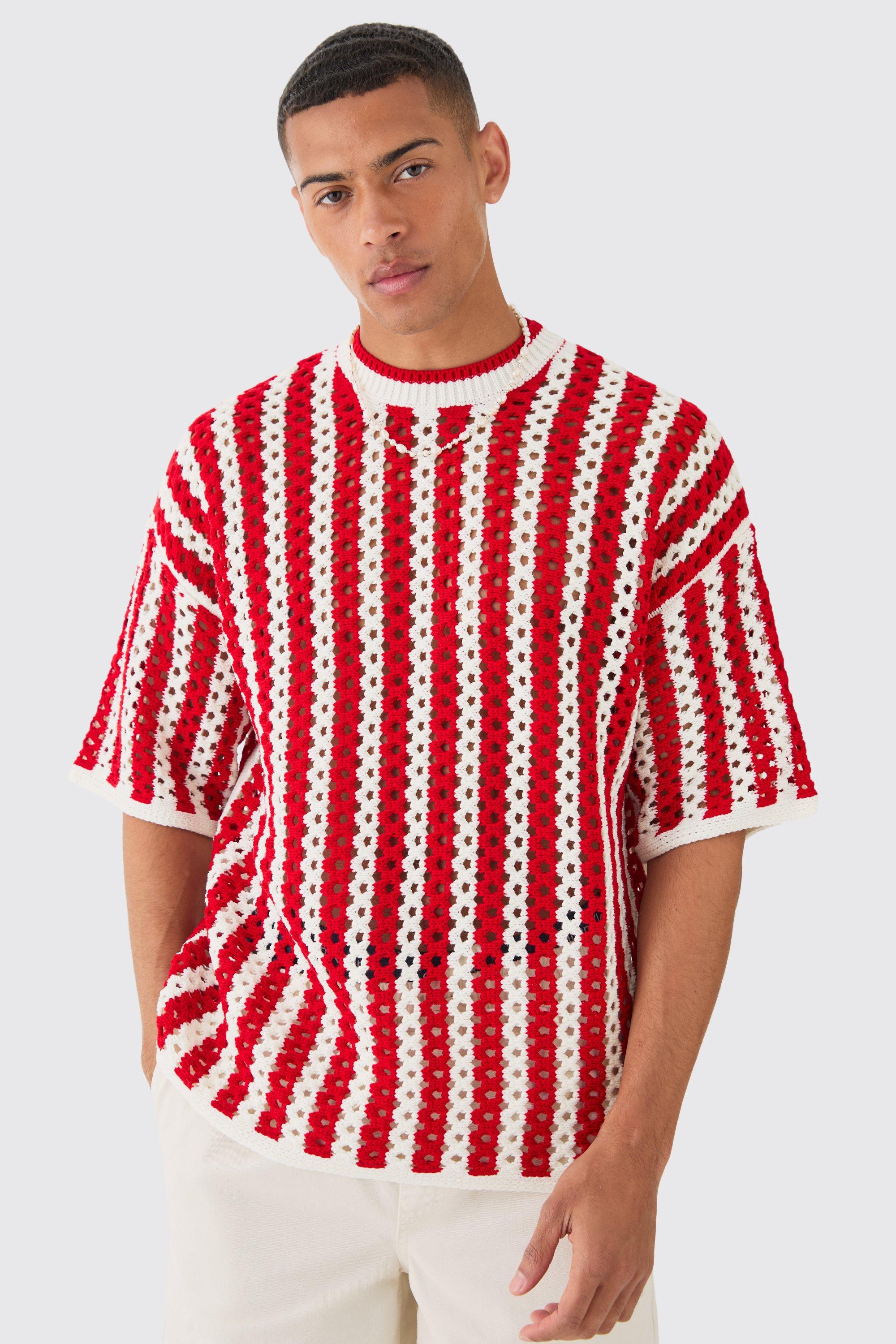 Image of Oversized Open Stitch Stripe Knitted T-shirt, Rosso