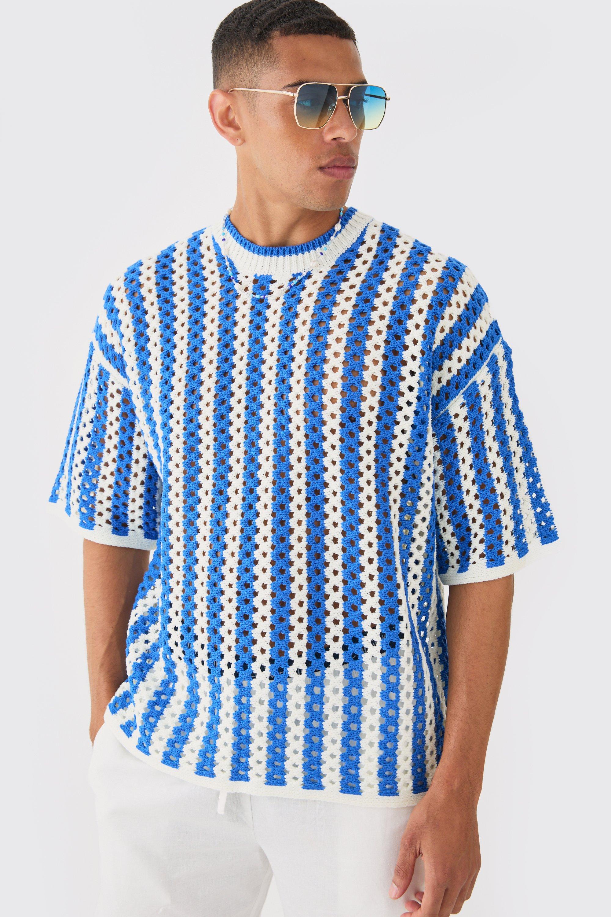 Image of Oversized Open Stitch Stripe Knitted T-shirt, Azzurro