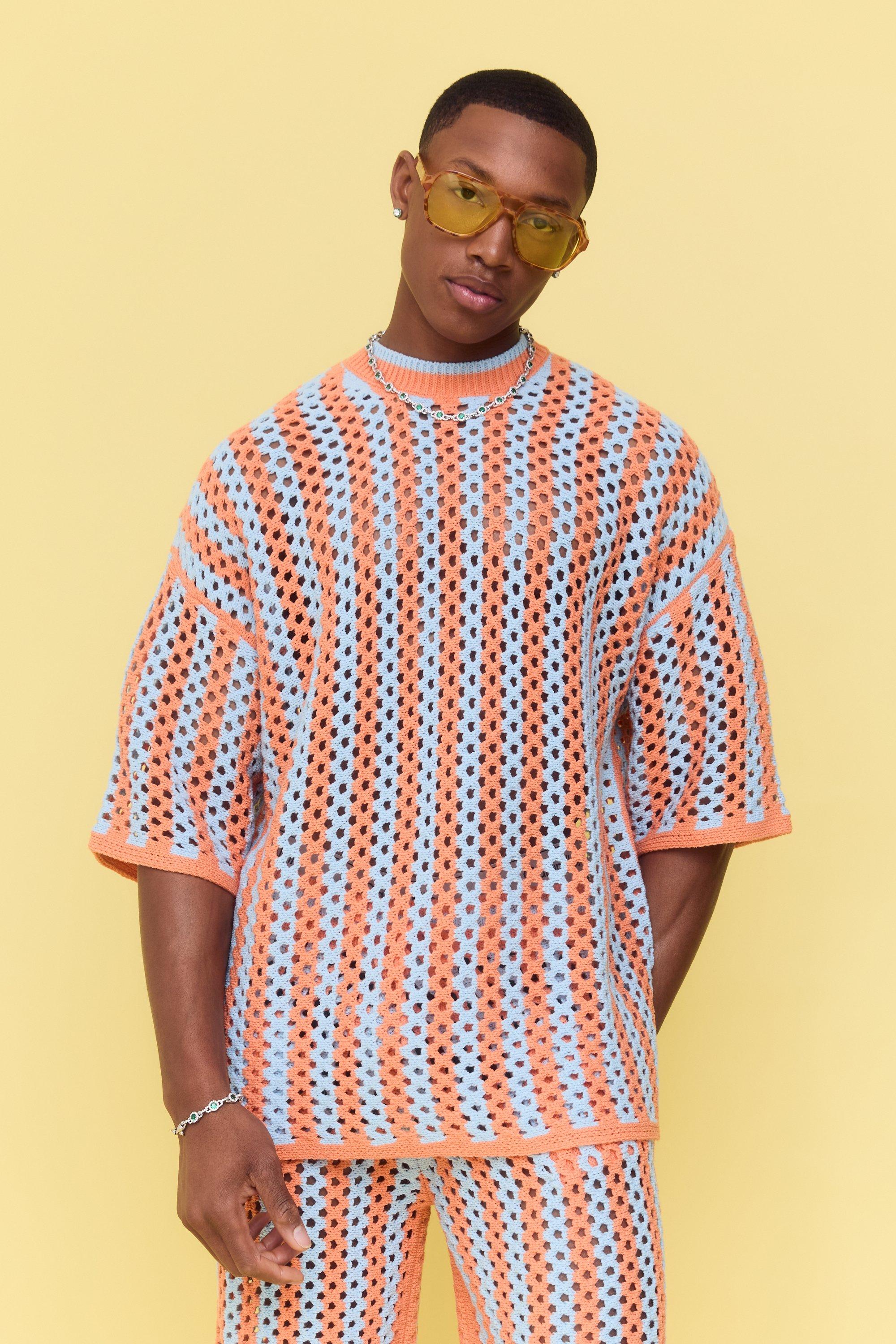 Image of Oversized Open Stitch Stripe Knitted T-shirt, Arancio