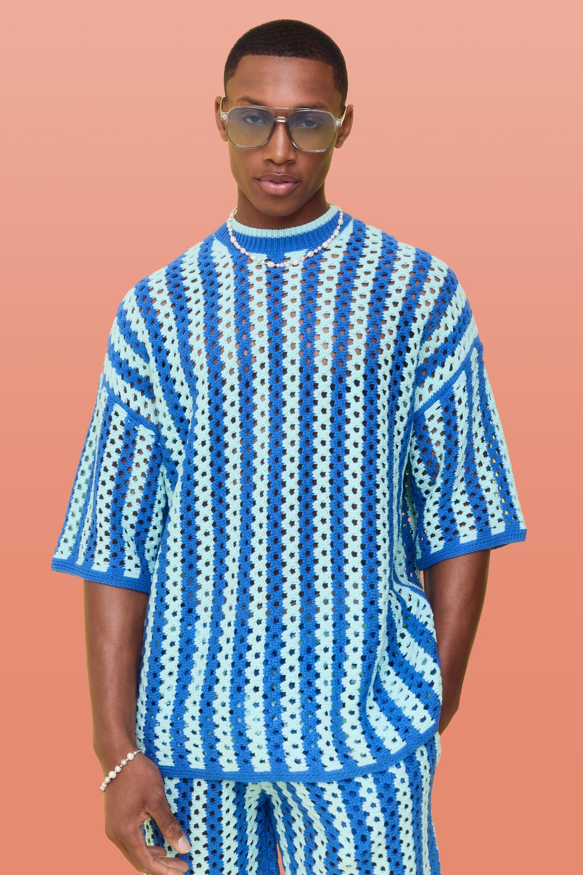 Mens Blue Oversized Open Stitch Stripe Knitted T-shirt, Blue
