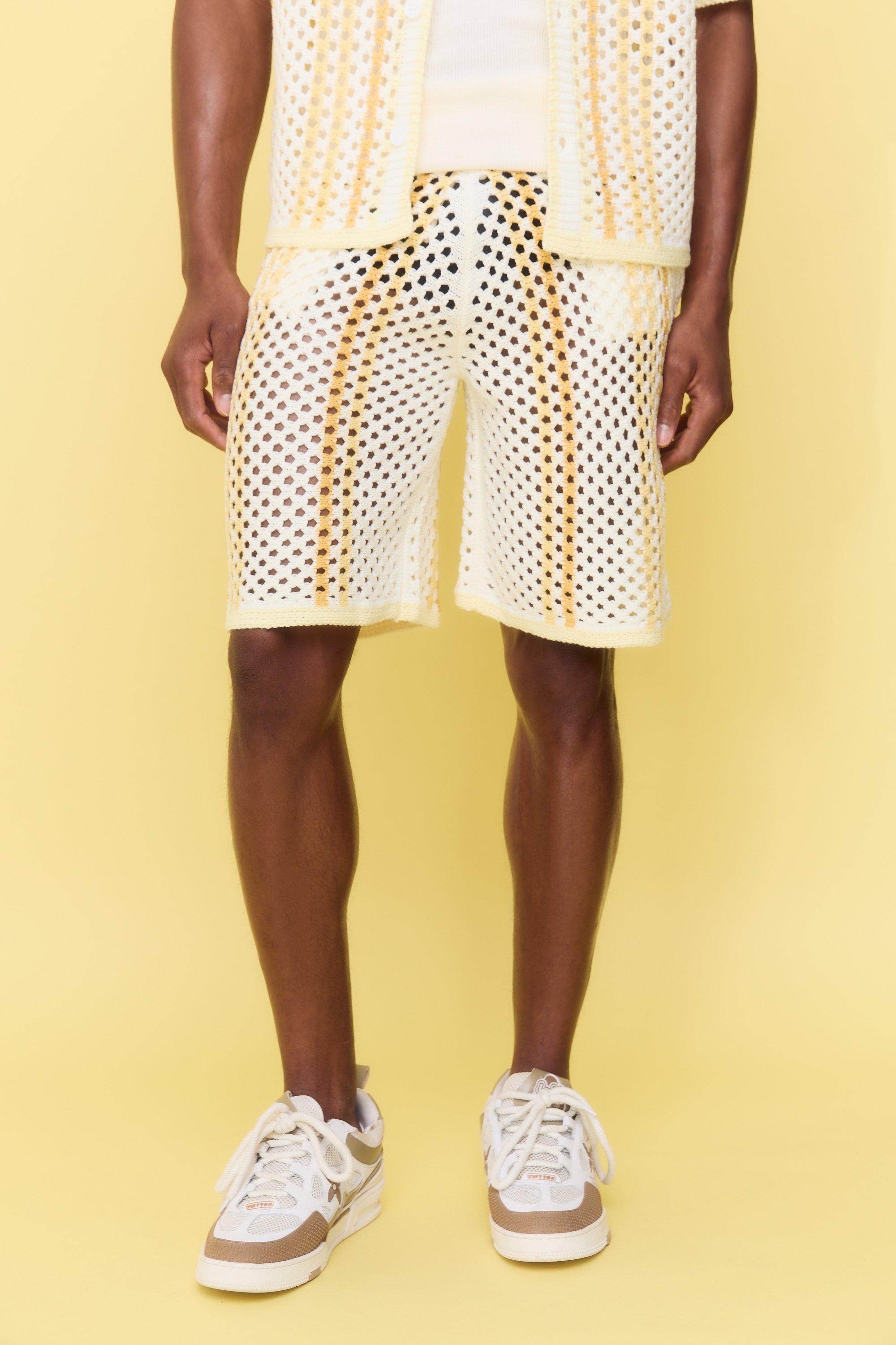 Image of Relaxed Open Stitch Stripe Knitted Shorts, Bianco
