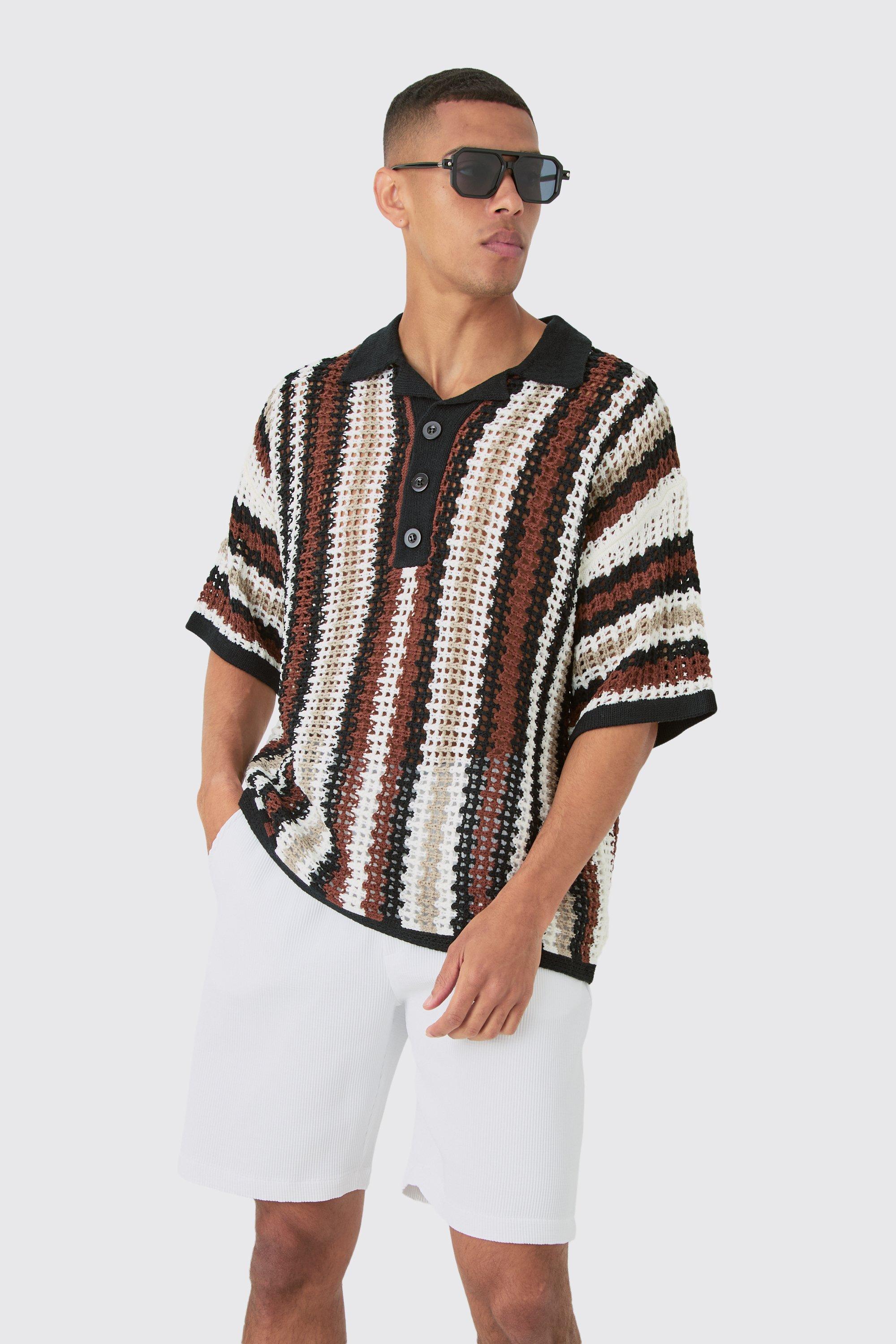 Image of Oversized Open Stitch Deep Revere Stripe Knit Polo, Brown
