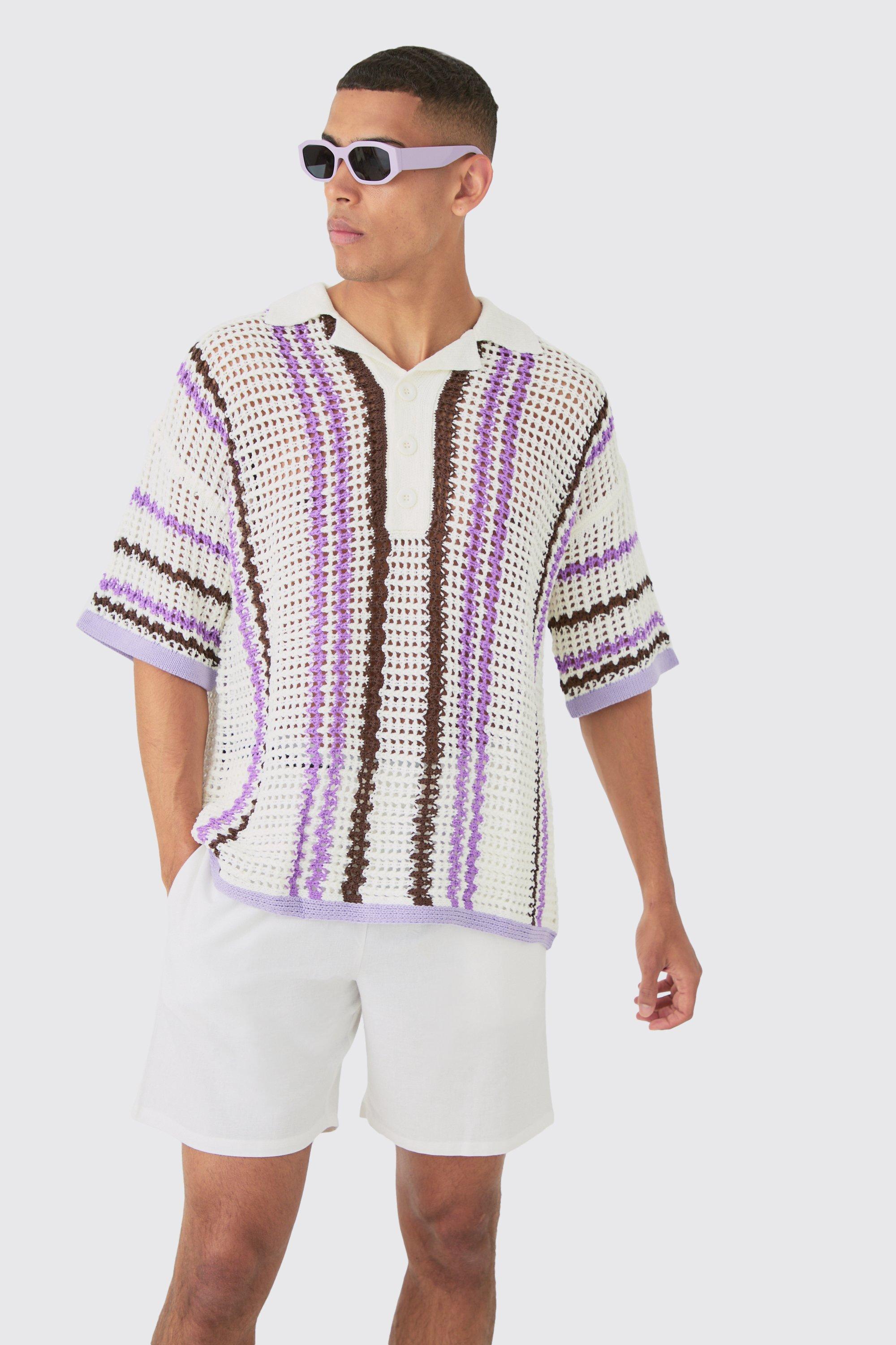 Oversized Open Stitch Deep Revere Stripe Knit Polo, Cream