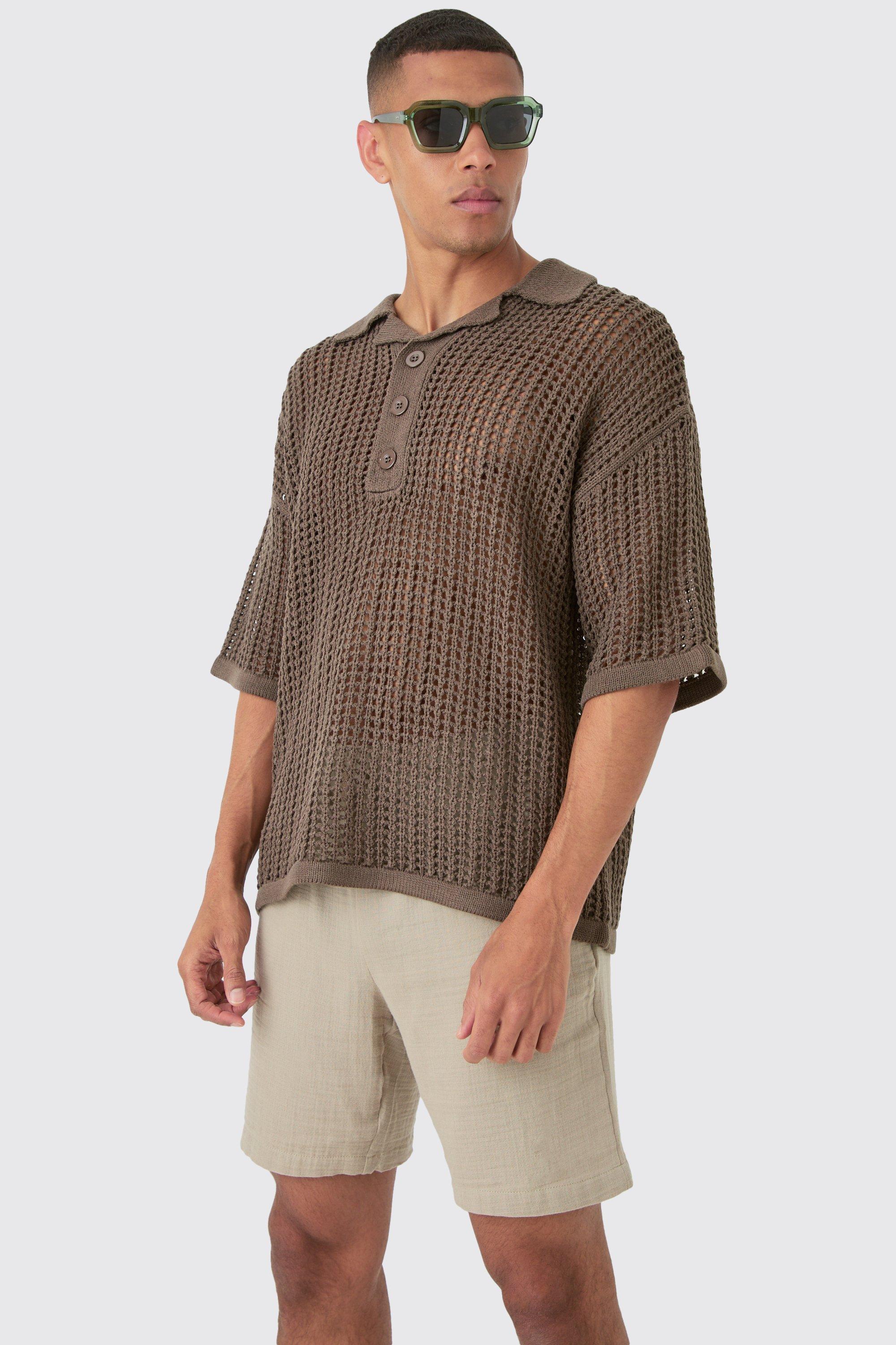 Image of Oversized Open Stitch Deep Revere Knit Polo, Brown