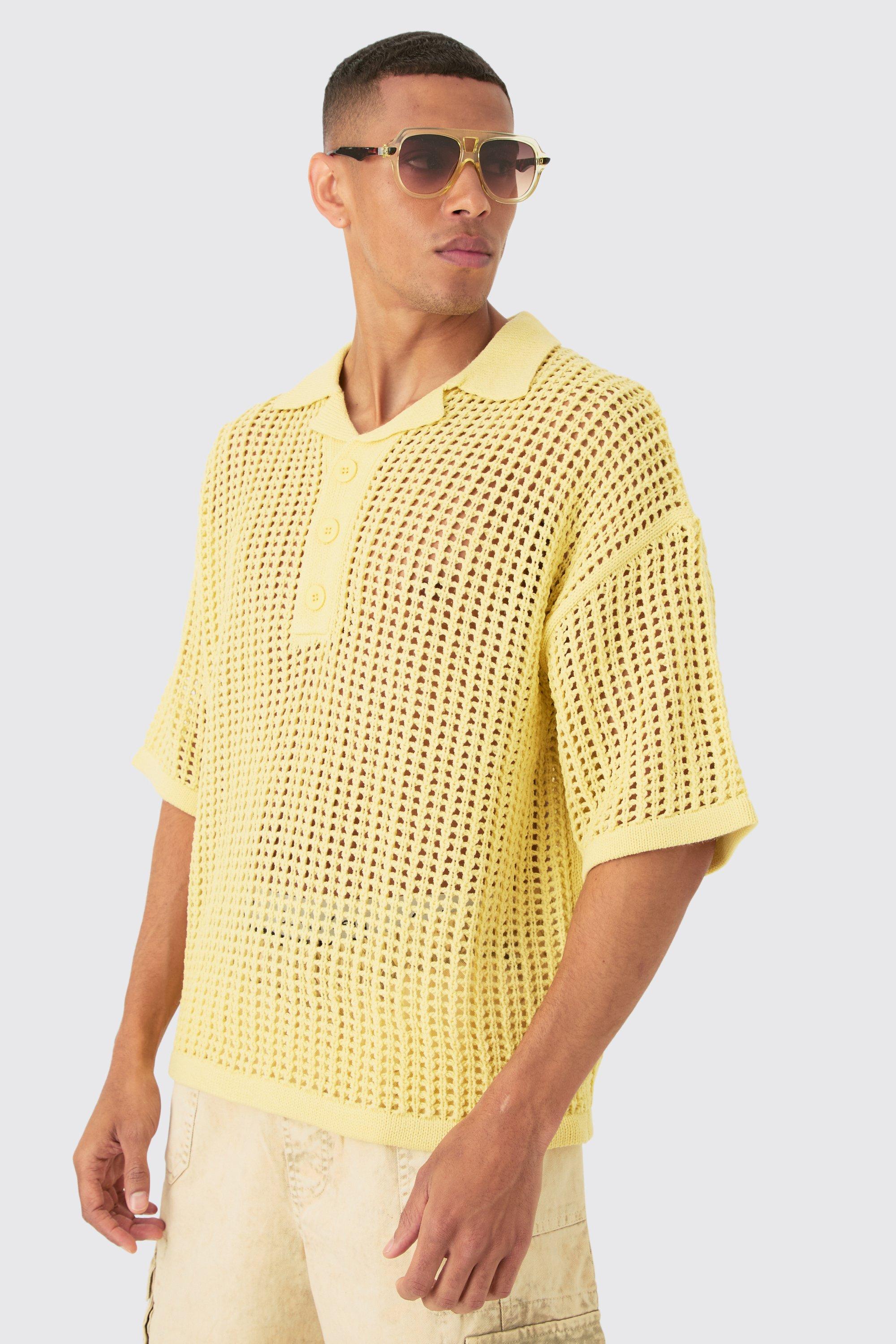 Image of Oversized Open Stitch Deep Revere Knit Polo, Giallo