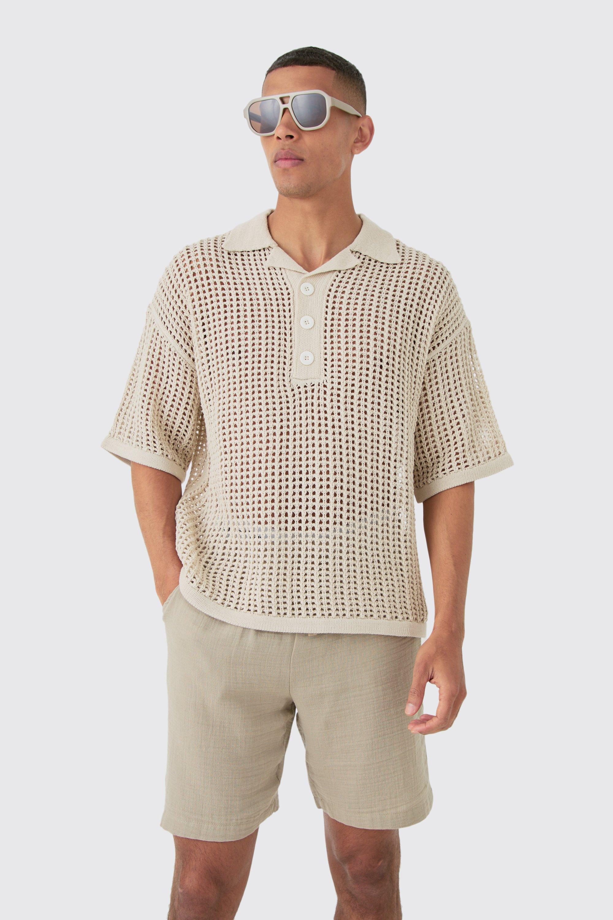 Image of Oversized Open Stitch Deep Revere Knit Polo, Beige