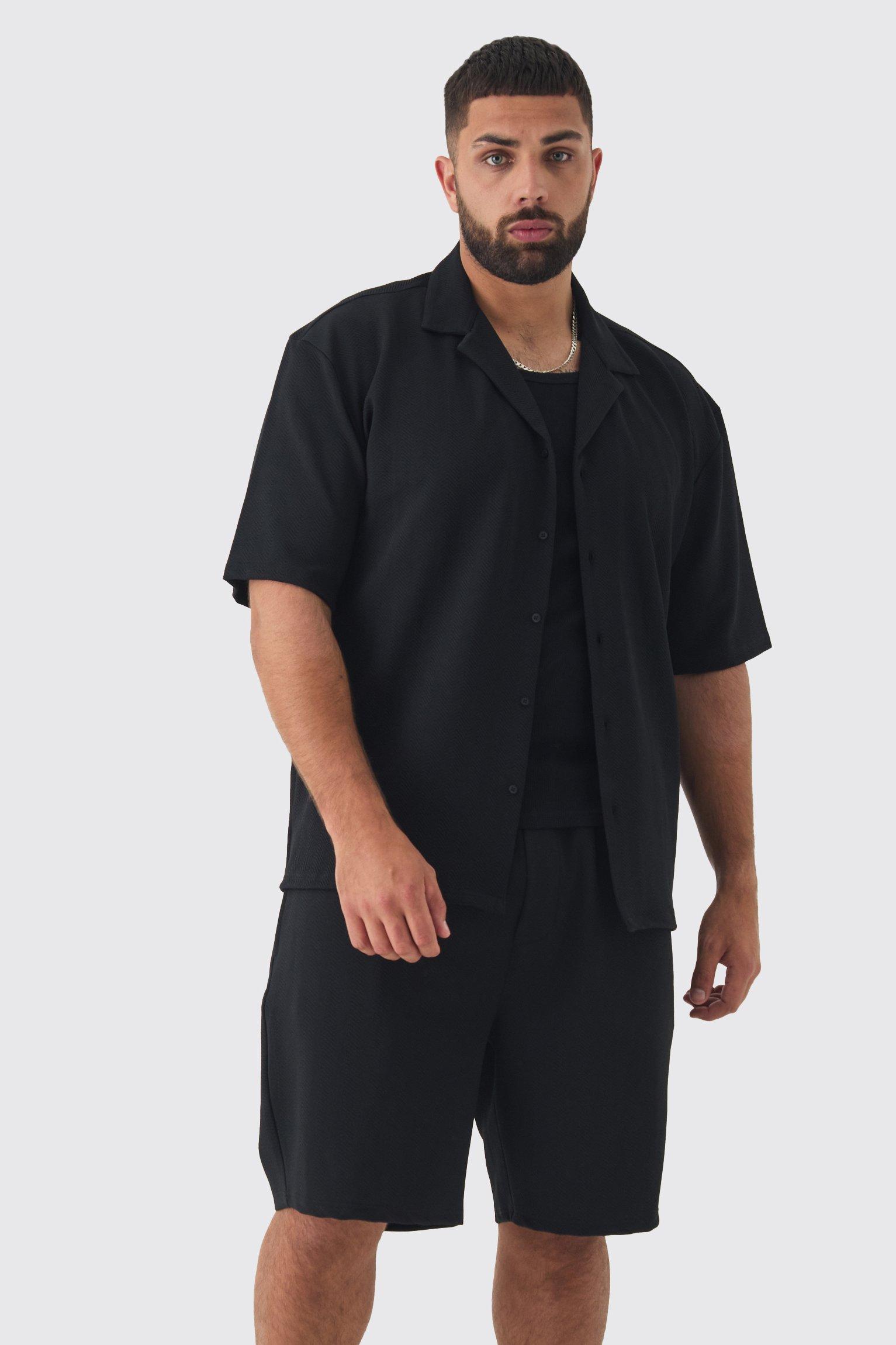 Mens Plus Herringbone Detail Shirt & Short Set In Black, Black