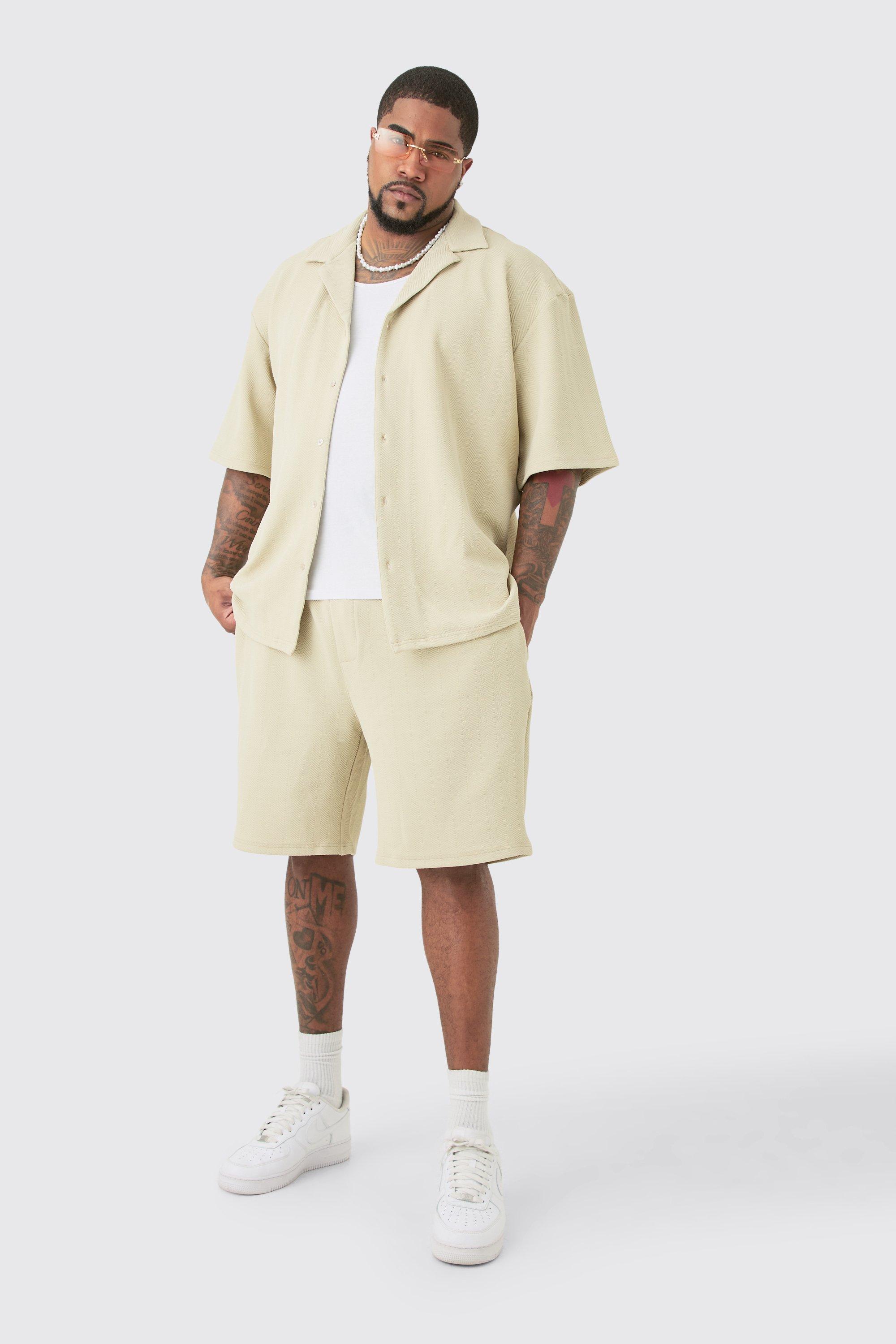 Mens Beige Plus Herringbone Detail Shirt & Short Set In Stone, Beige