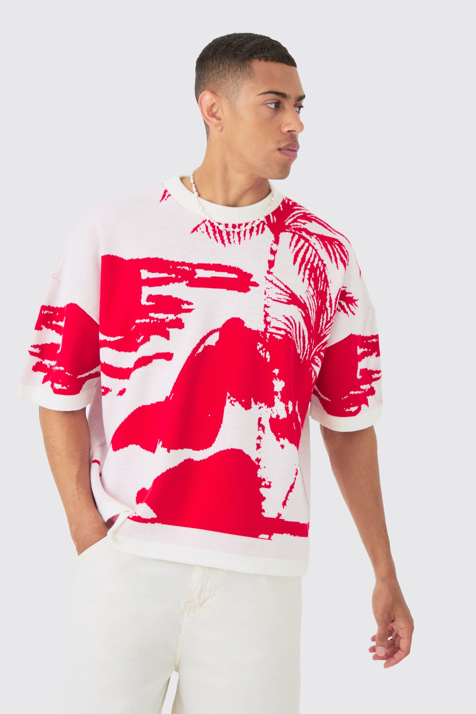 T-shirt oversize in maglia con grafica Line Scenic, Bianco