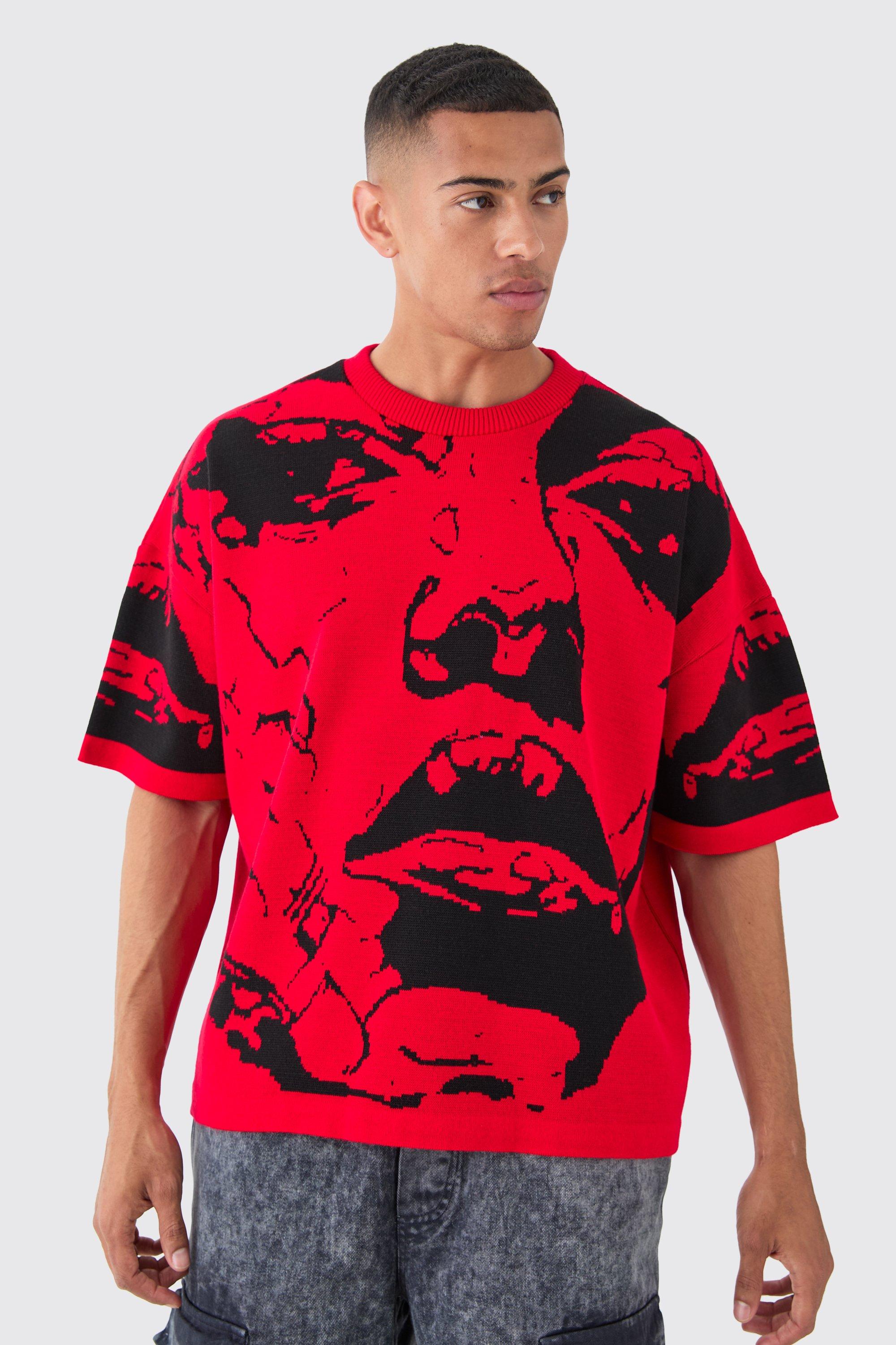 Image of Oversized Line Drawing Knitted T-shirt, Rosso