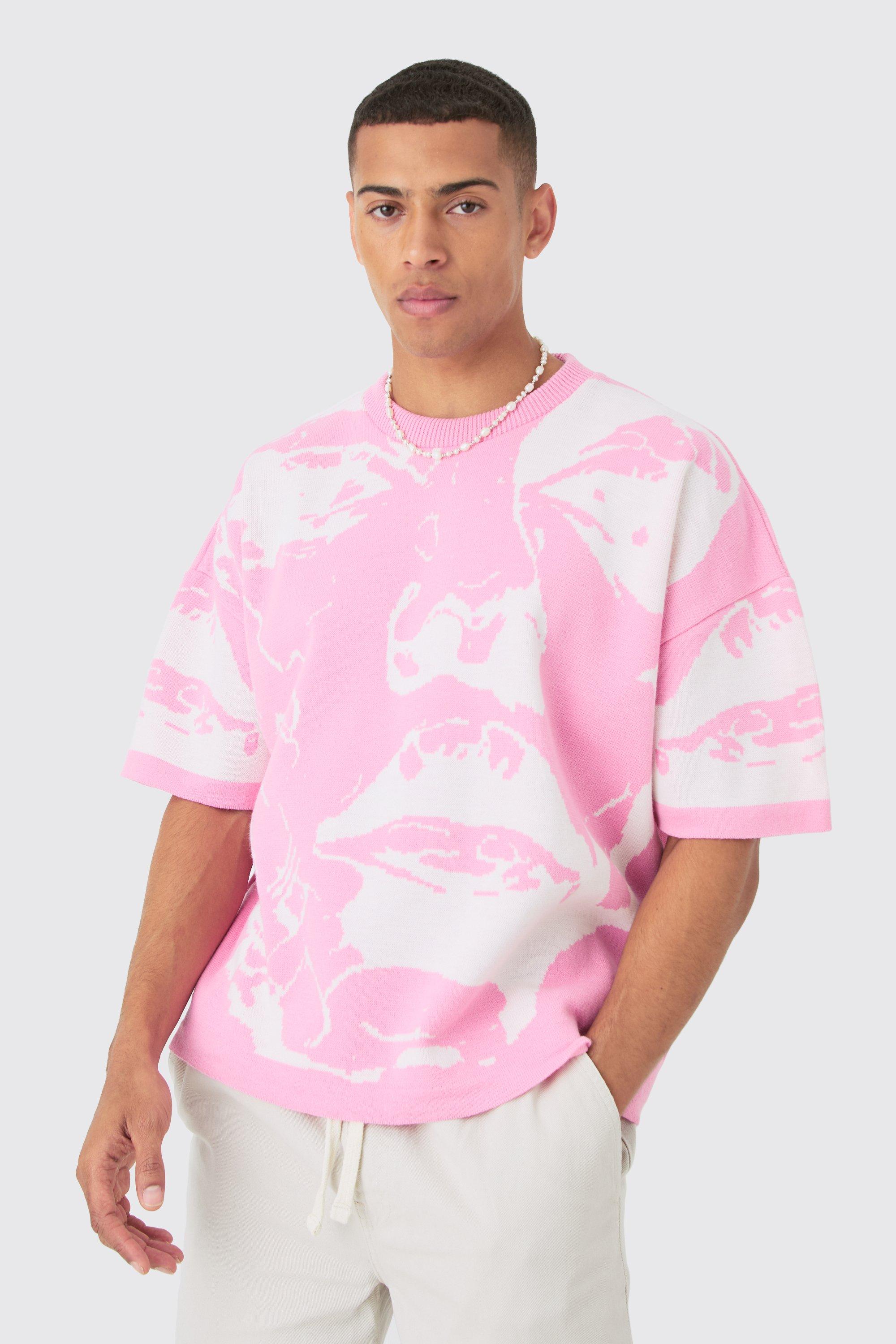 Mens Pink Oversized Line Drawing Knitted T-shirt, Pink