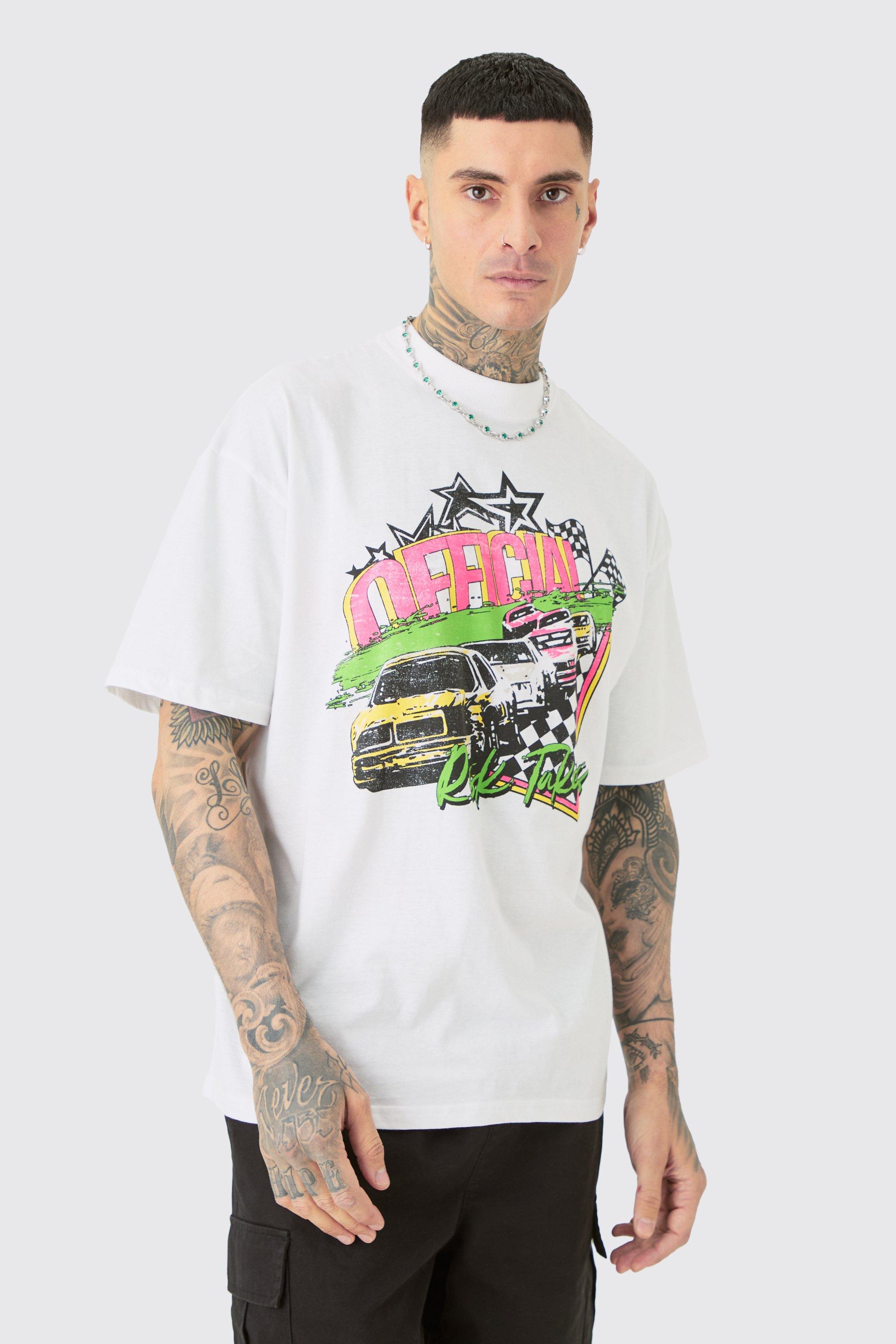 Mens White Tall Oversized Neon Moto T-shirt, White