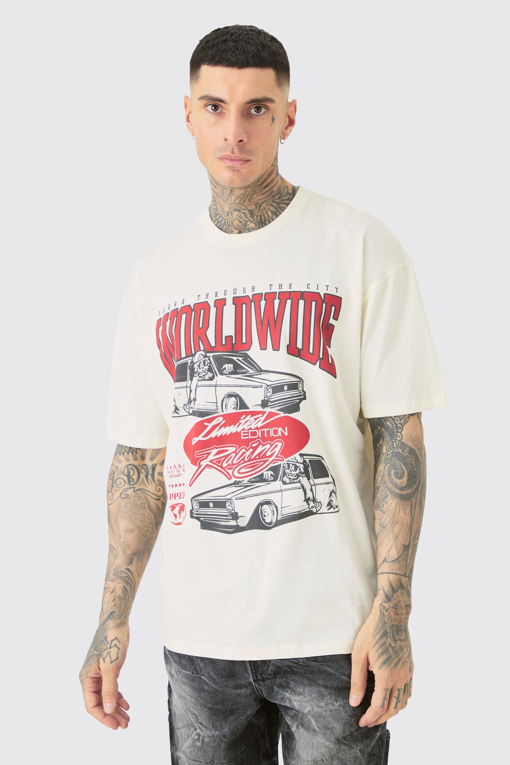 Mens Cream Tall Oversized Car Graphic T-shirt, Cream