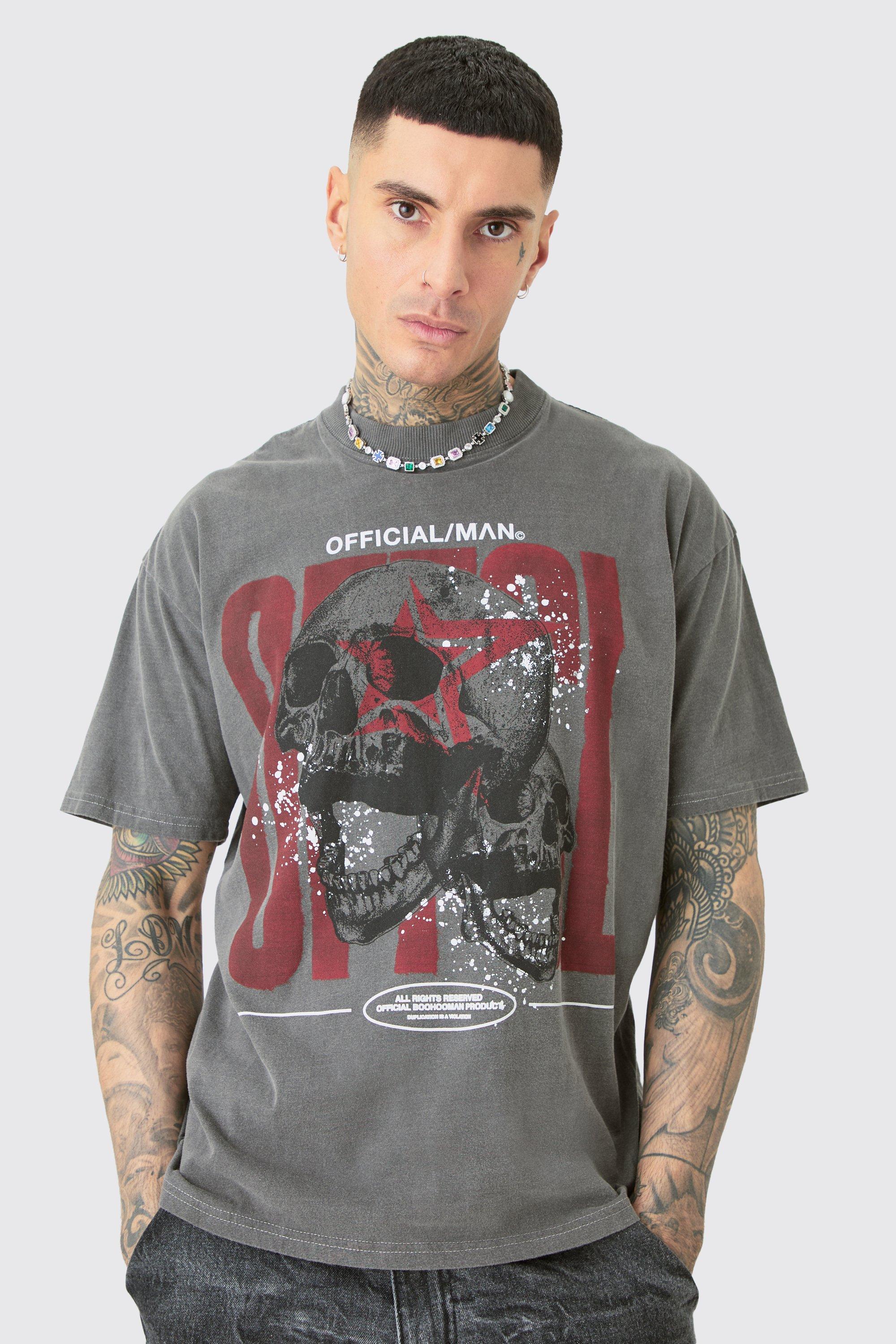 Image of Tall Acid Wash Offcl Skull Graphic T-shirt, Grigio