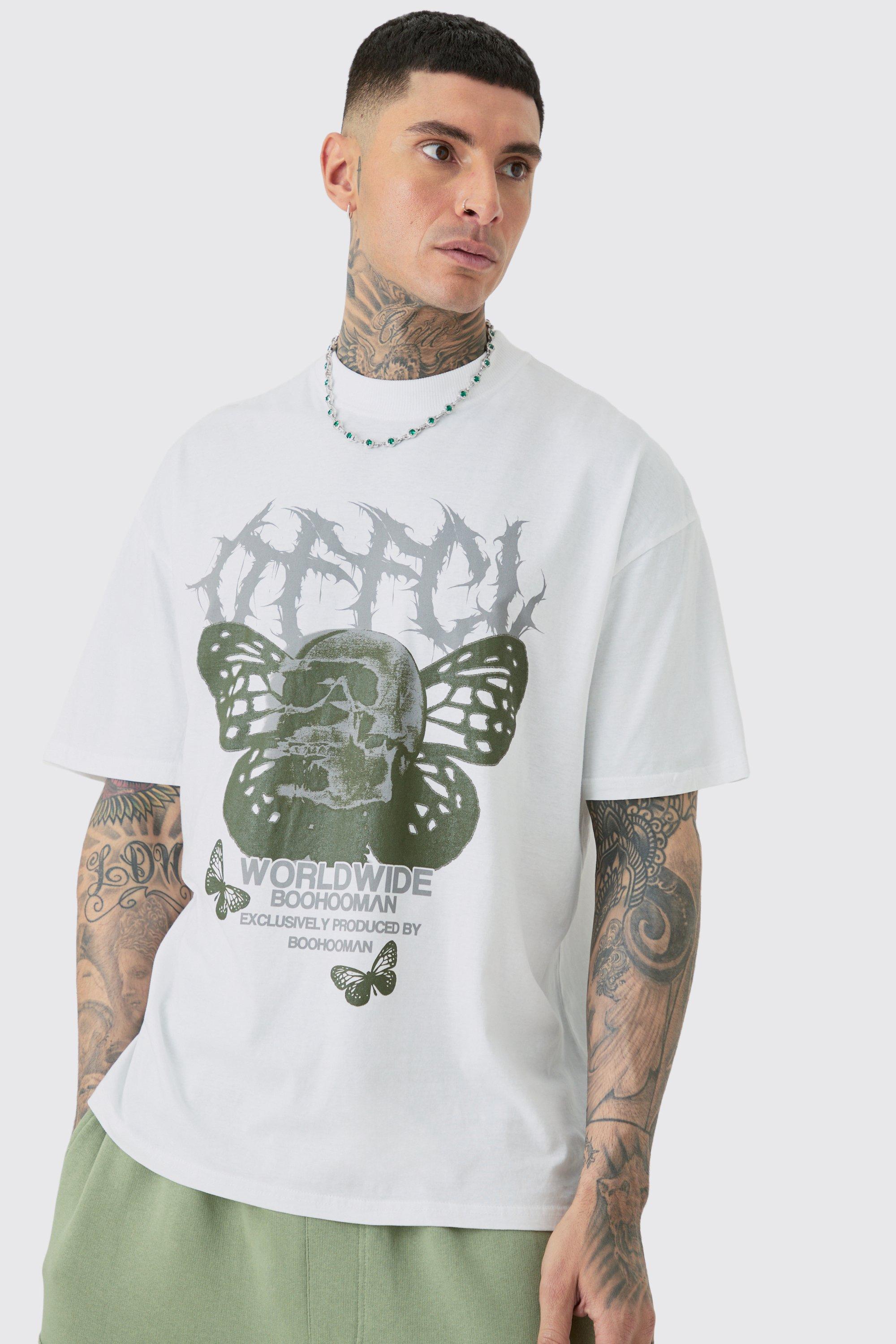 Image of Tall Butterfly Skull Graphic T-shirt, Bianco
