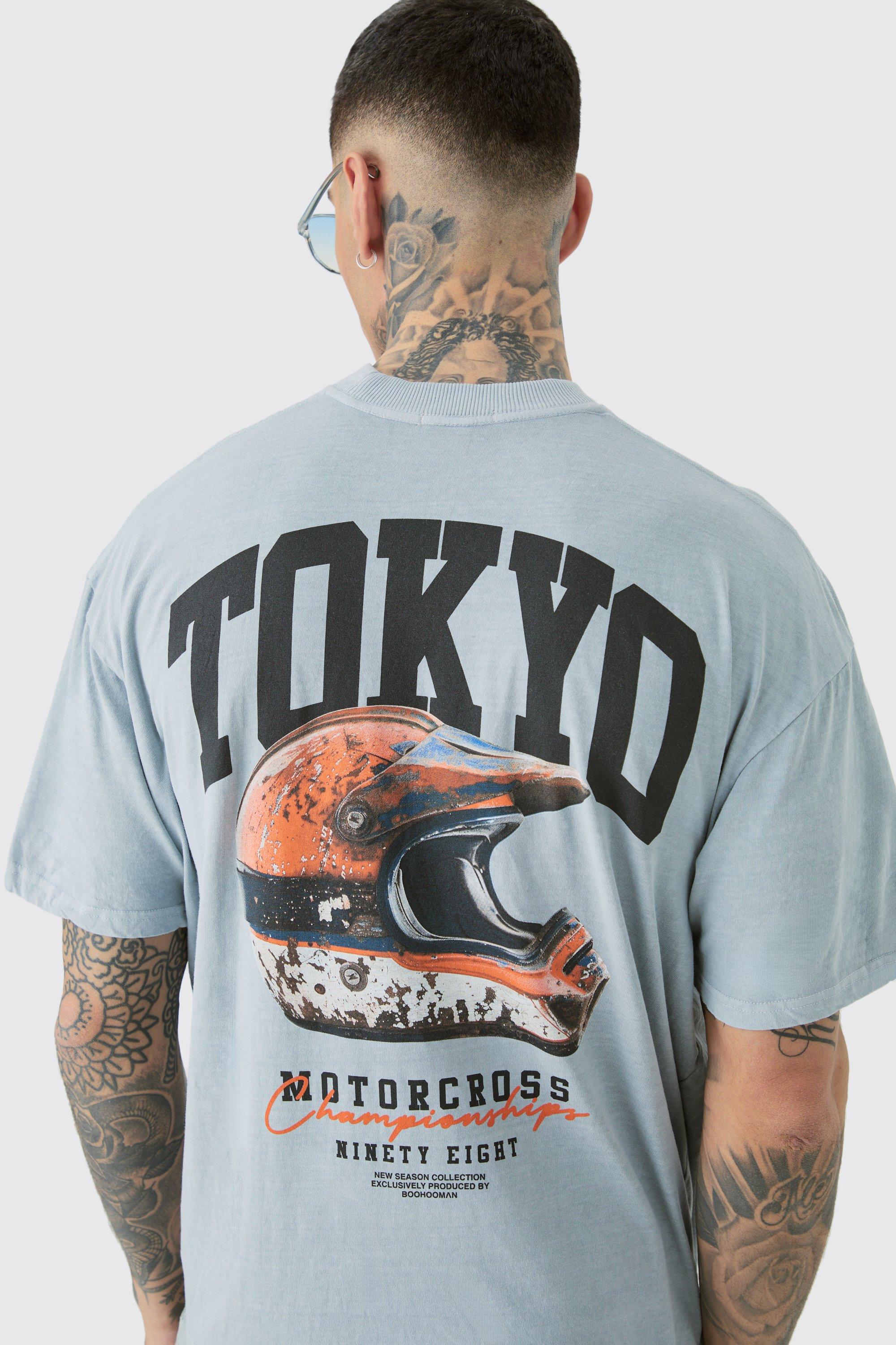 Image of Tall Tokyo Moto Overdye Graphic Oversized T-shirt, Grigio