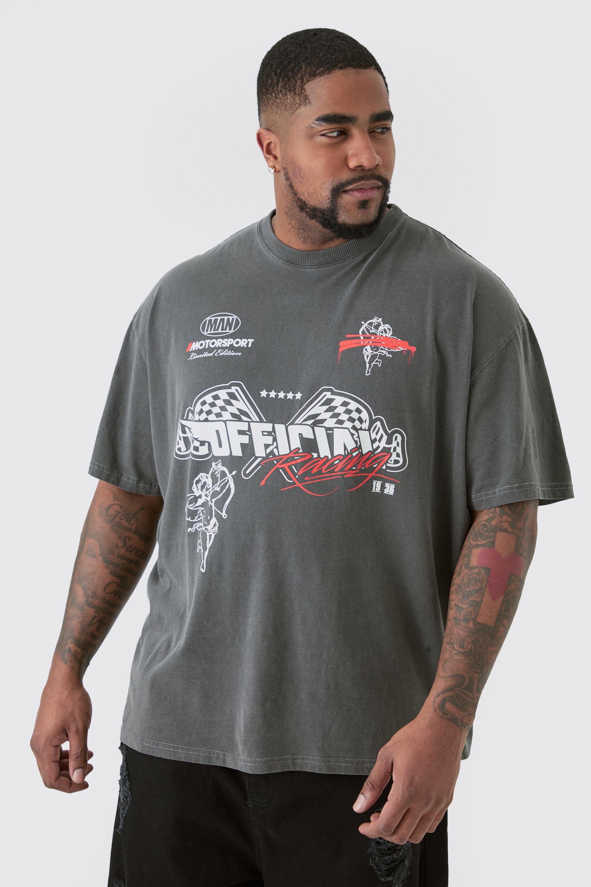 Mens Grey Plus Oversized Overdye Wash Moto Print T-shirt, Grey