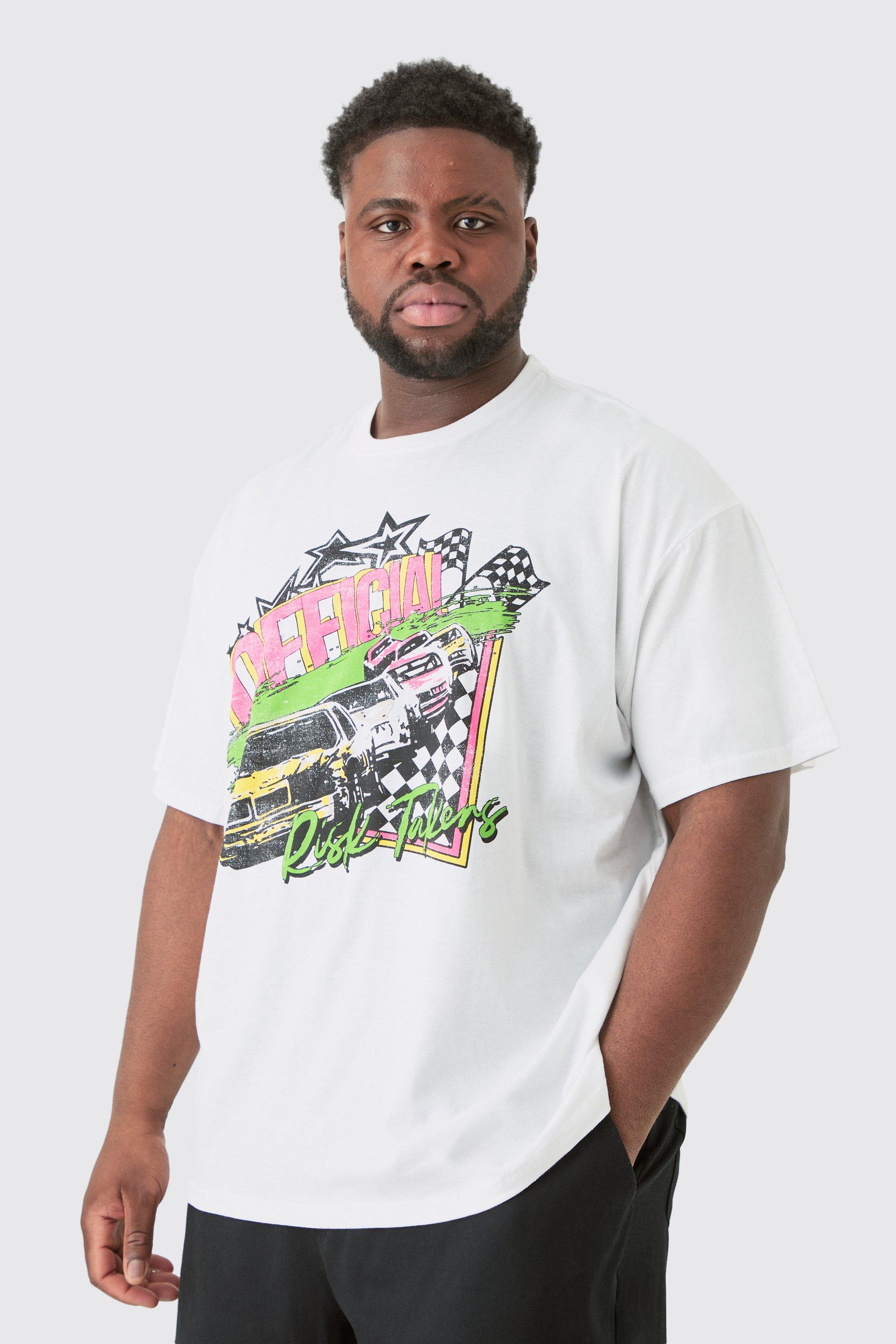 Mens White Plus Oversized Neon Moto T-shirt, White