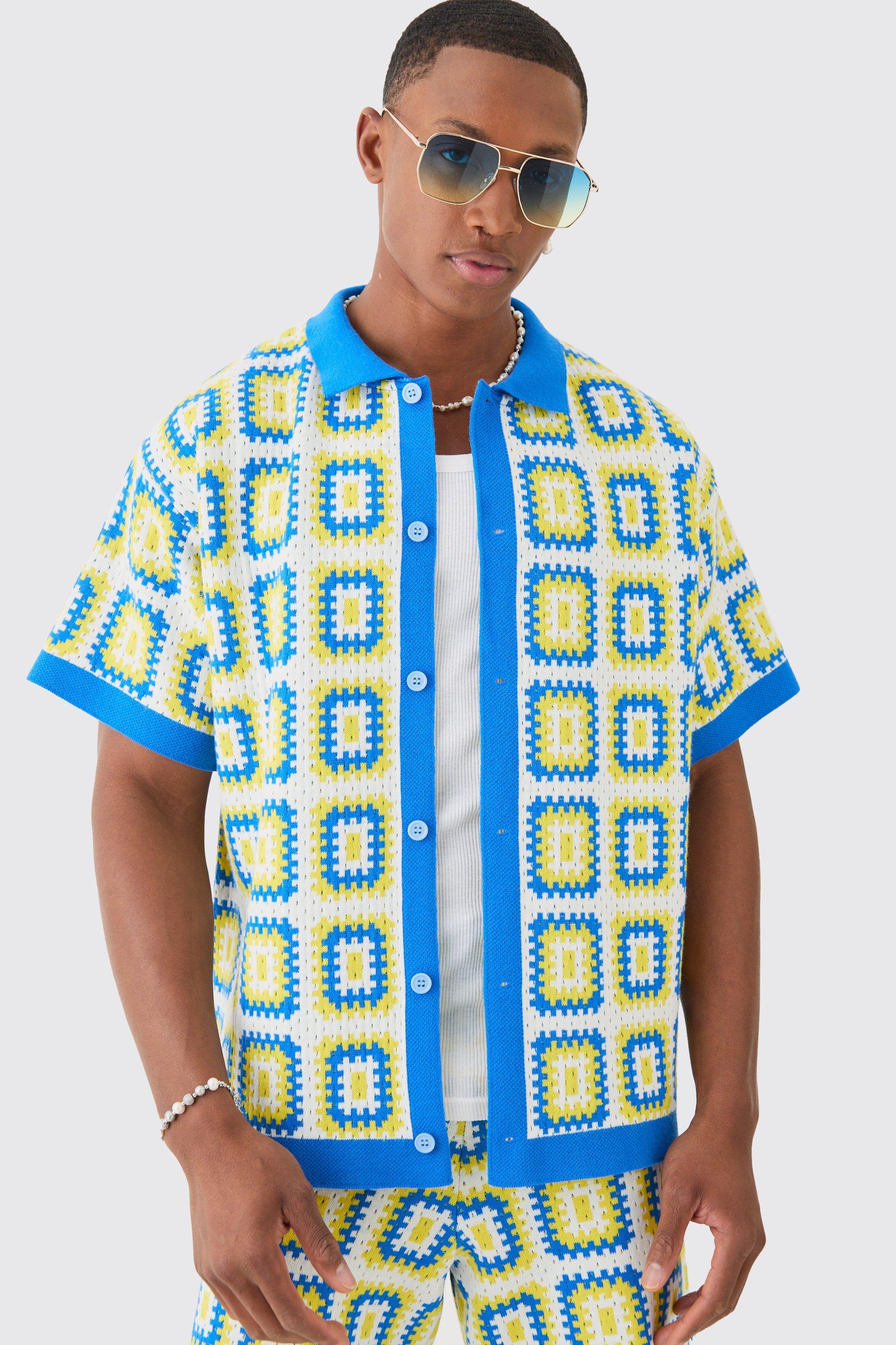 Mens Blue Oversized Boxy Crochet Knitted Shirt, Blue