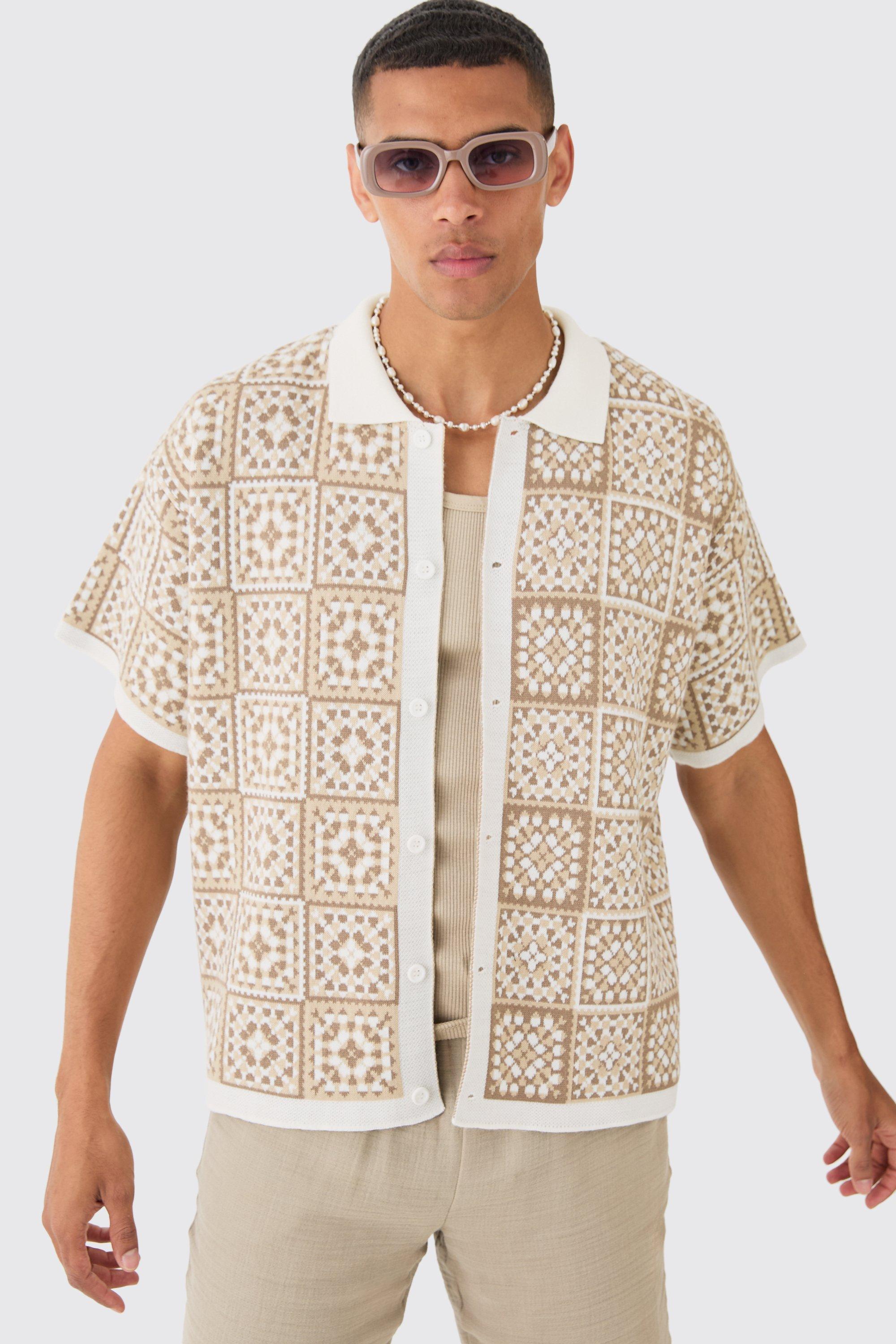 Camicia squadrata oversize in maglia all'uncinetto, Beige