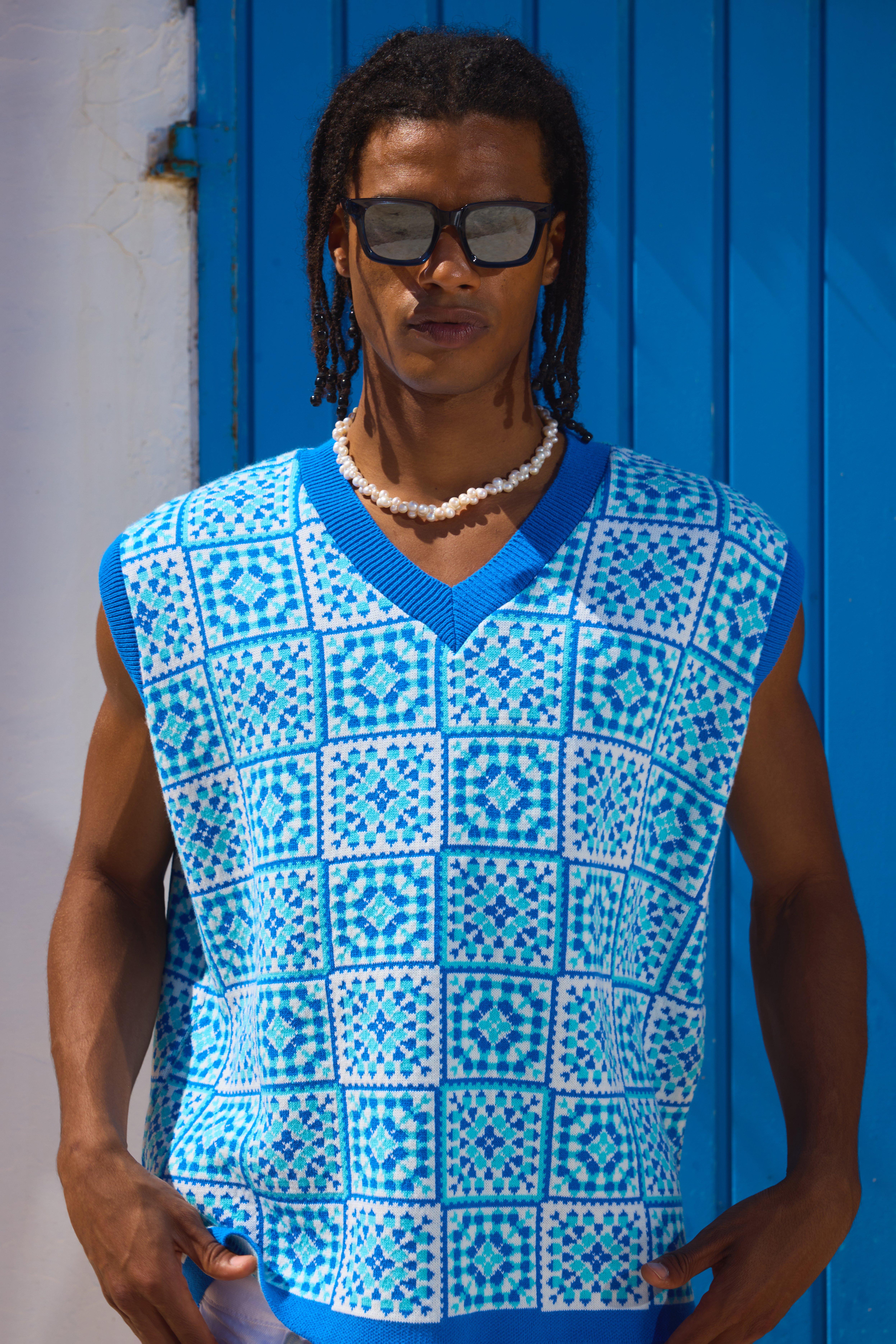 Mens Blue Oversized V Neck Crochet Knitted vest, Blue