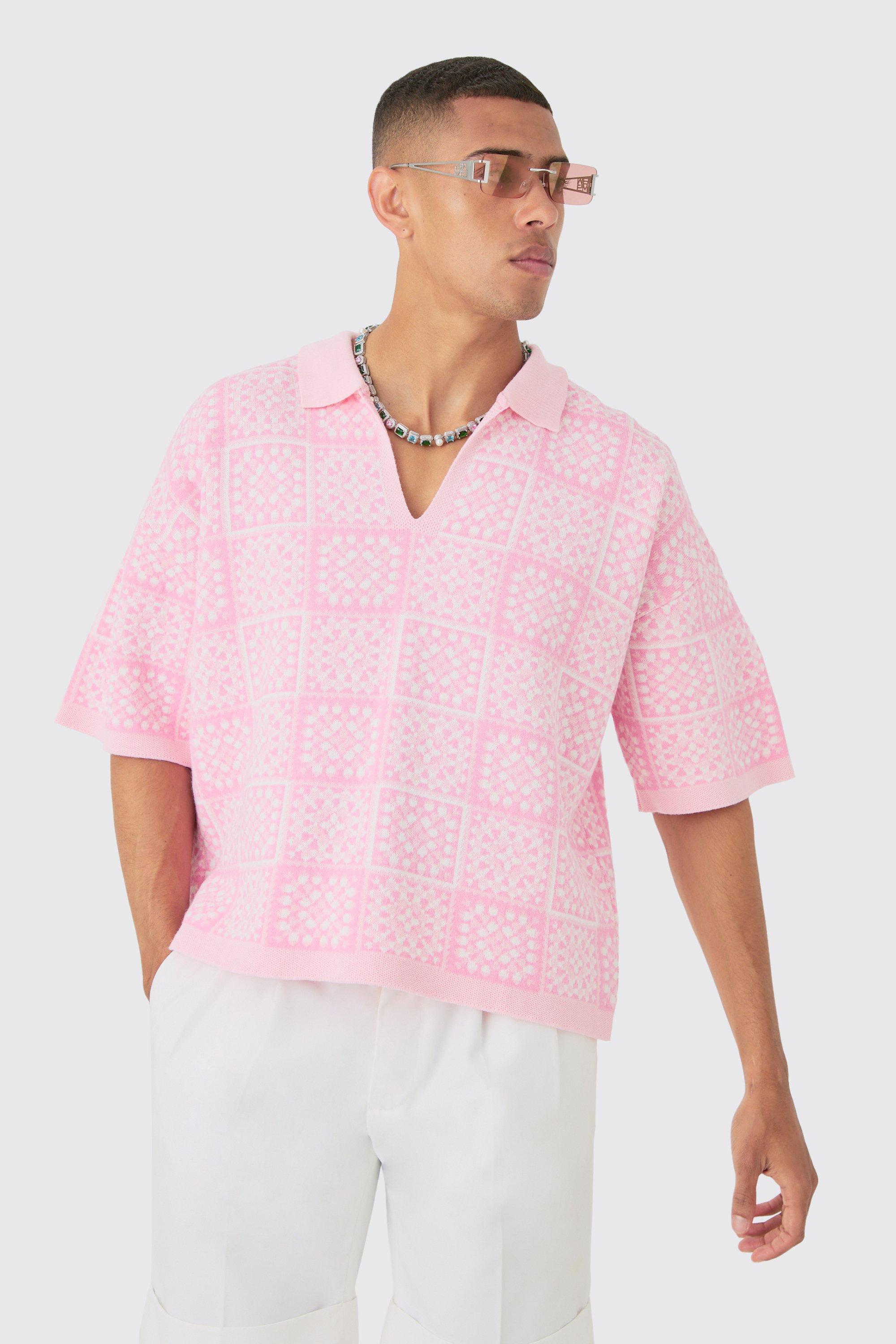 Mens Pink Oversized Boxy Crochet Knitted Polo, Pink