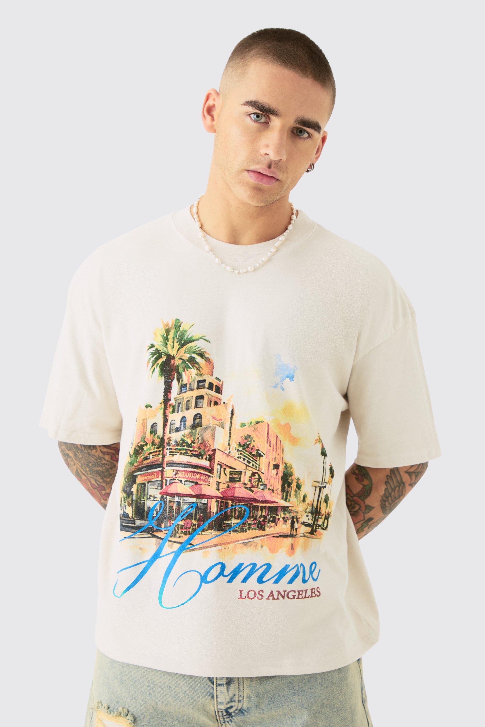 Mens Cream Oversized Boxy Homme Landscape Print Wash T-shirt, Cream