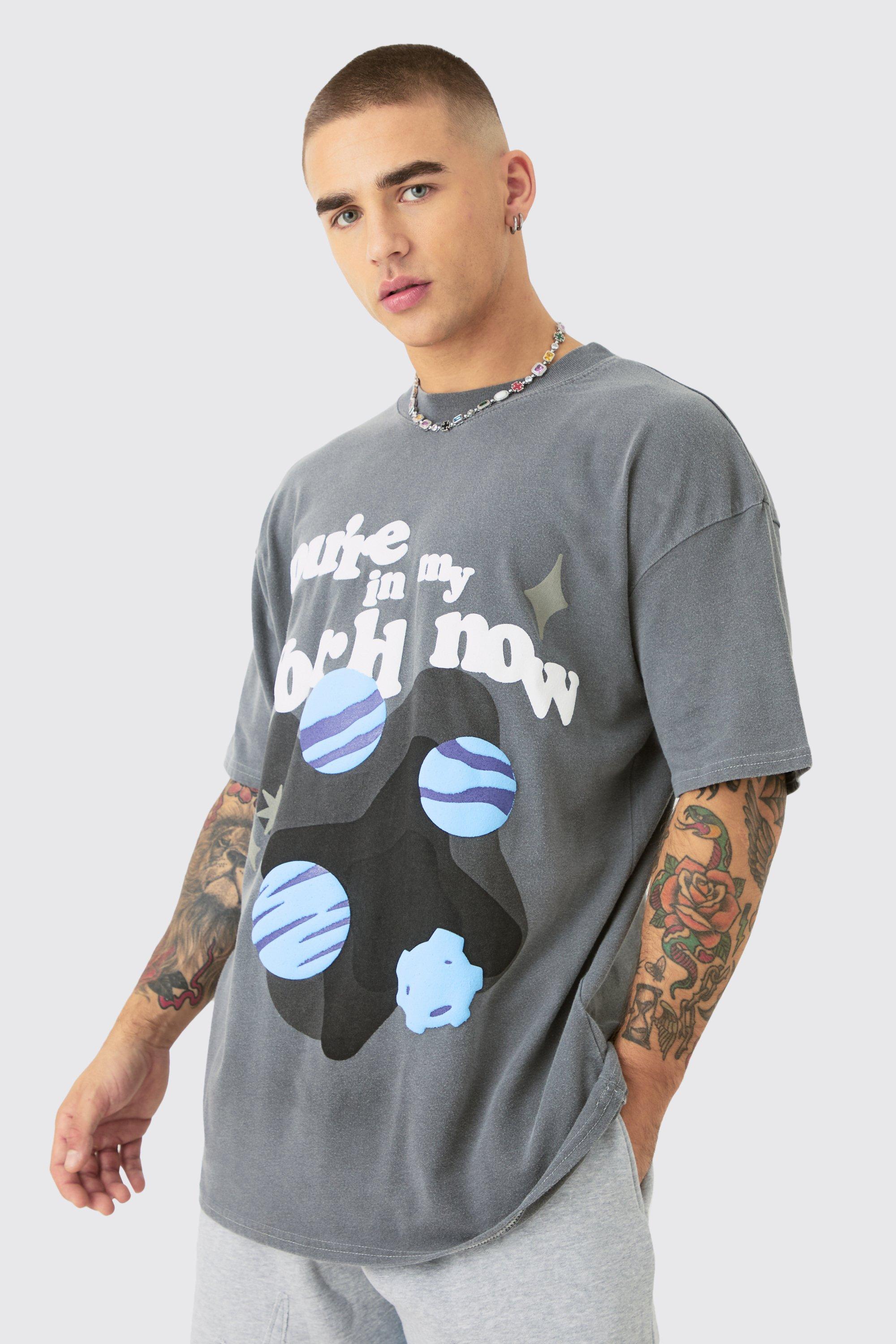 Image of Oversized Washed Space Puff Print T-shirt, Grigio