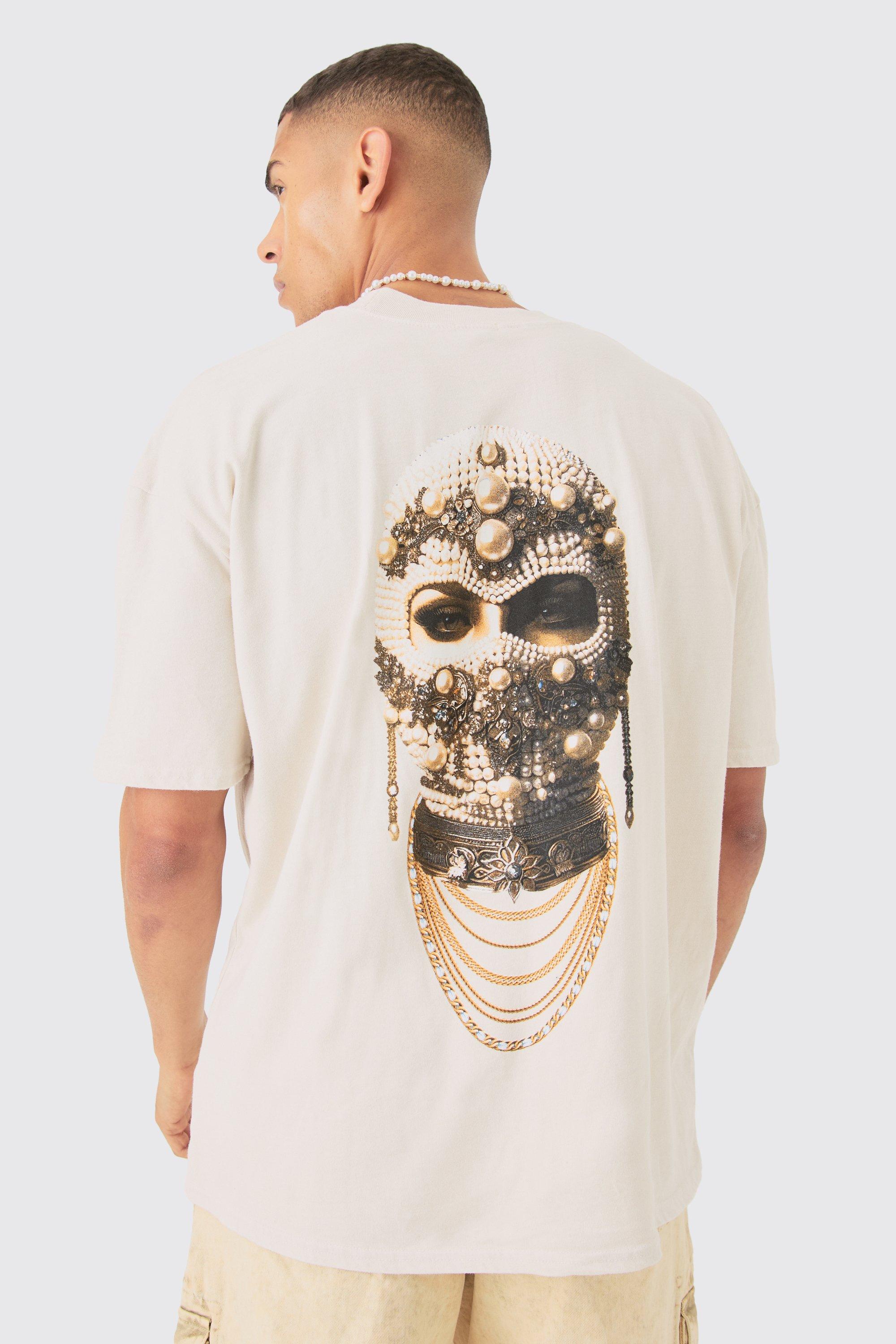 Image of Oversized Washed Jewel Mask Print T-shirt, Cream
