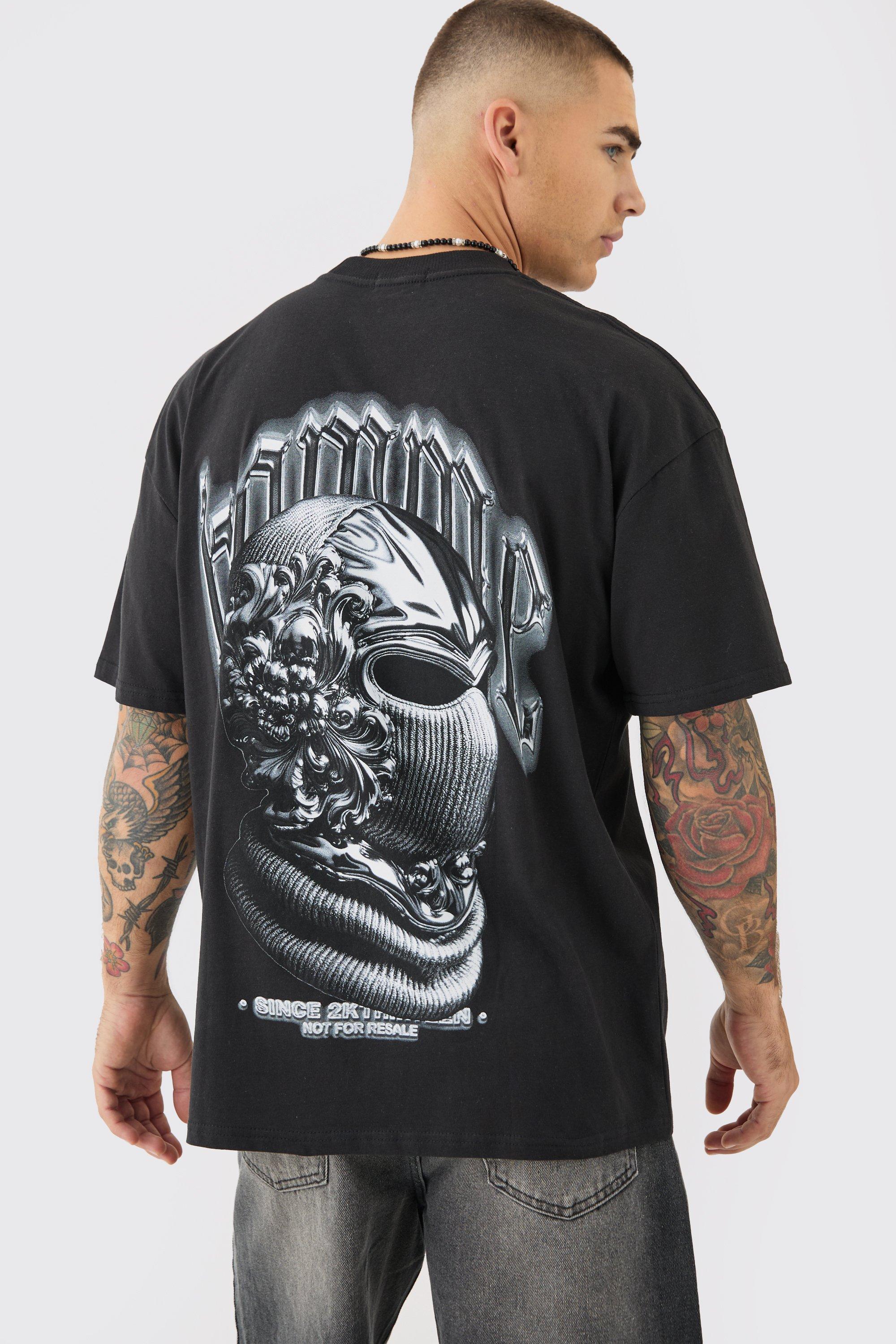 Image of Oversized Extended Neck Mask Graphic T-shirt, Nero