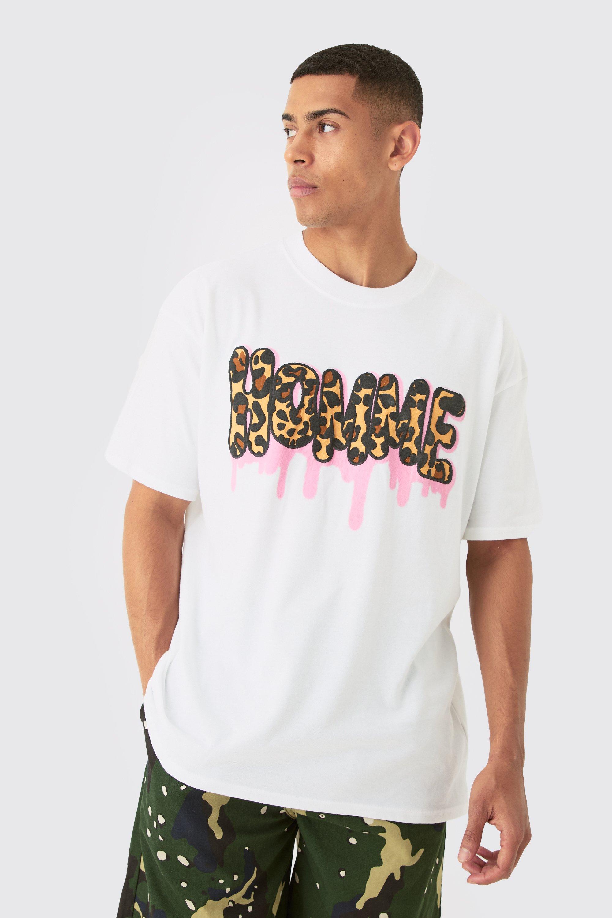 Image of Oversized Leopard Homme Puff Print T-shirt, Bianco