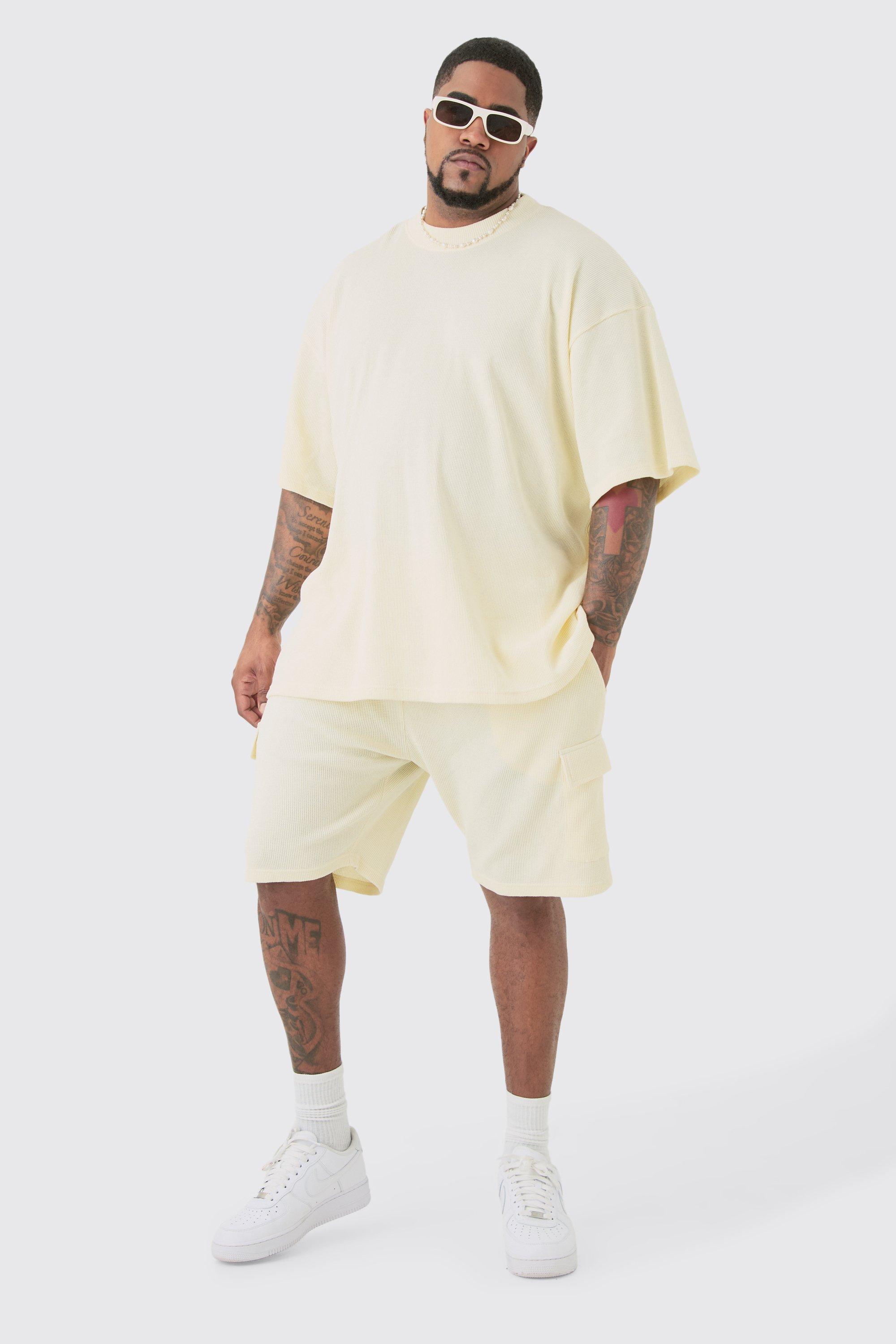 Mens Beige Plus Oversized Waffle T-shirt & Cargo Short Set, Beige