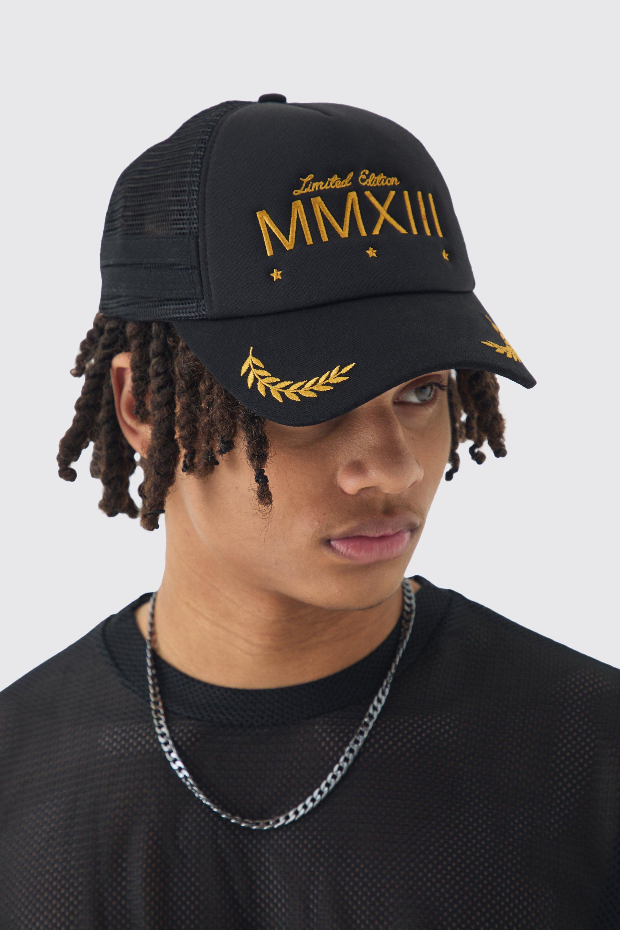 Mens Man Roman Numeral Embroidered Cap In Black, Black