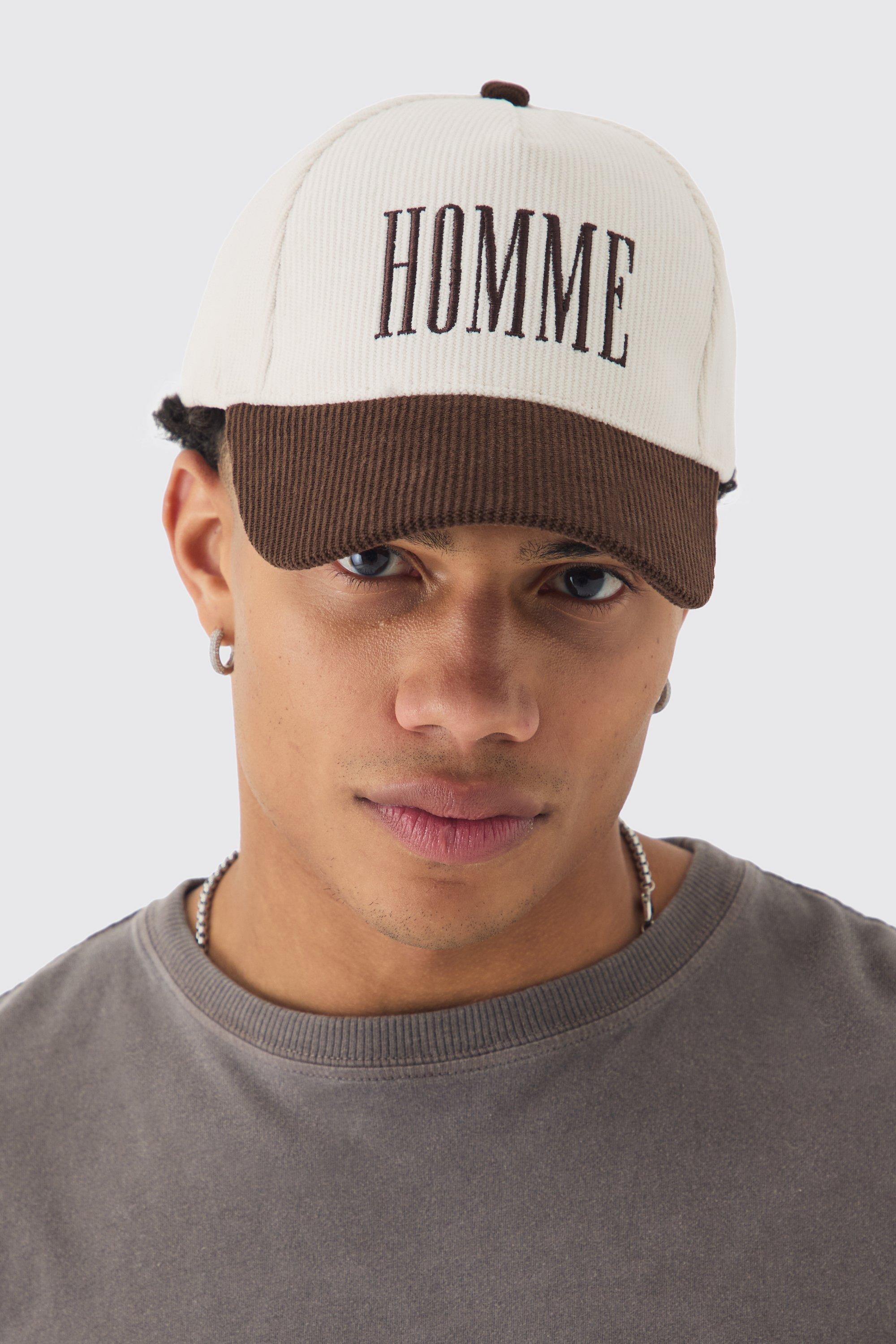 Mens Cream Homme Embroidered Cap In Ecru, Cream