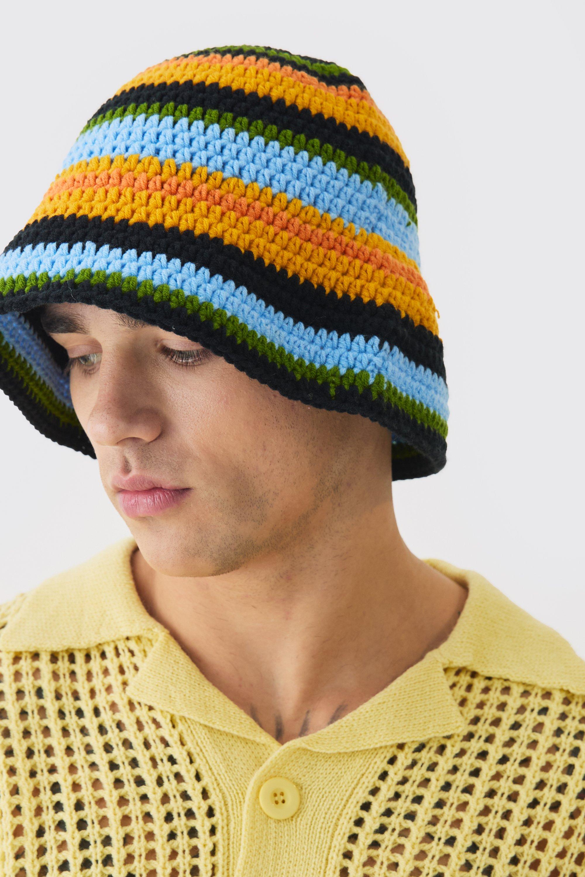 Mens Stripe Crochet Bucket Hat In Black, Black