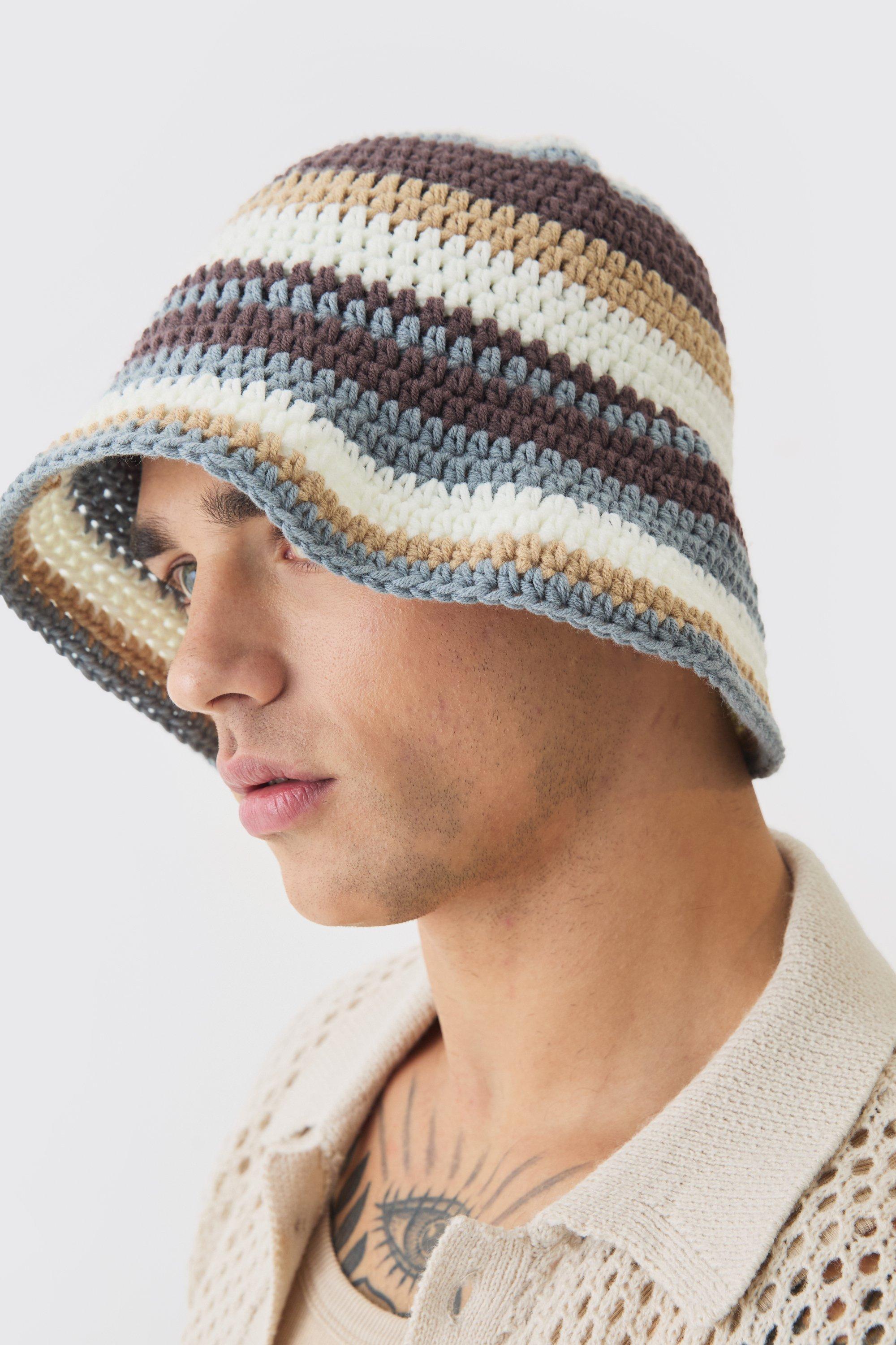 Mens Beige Stripe Crochet Bucket Hat In Stone, Beige