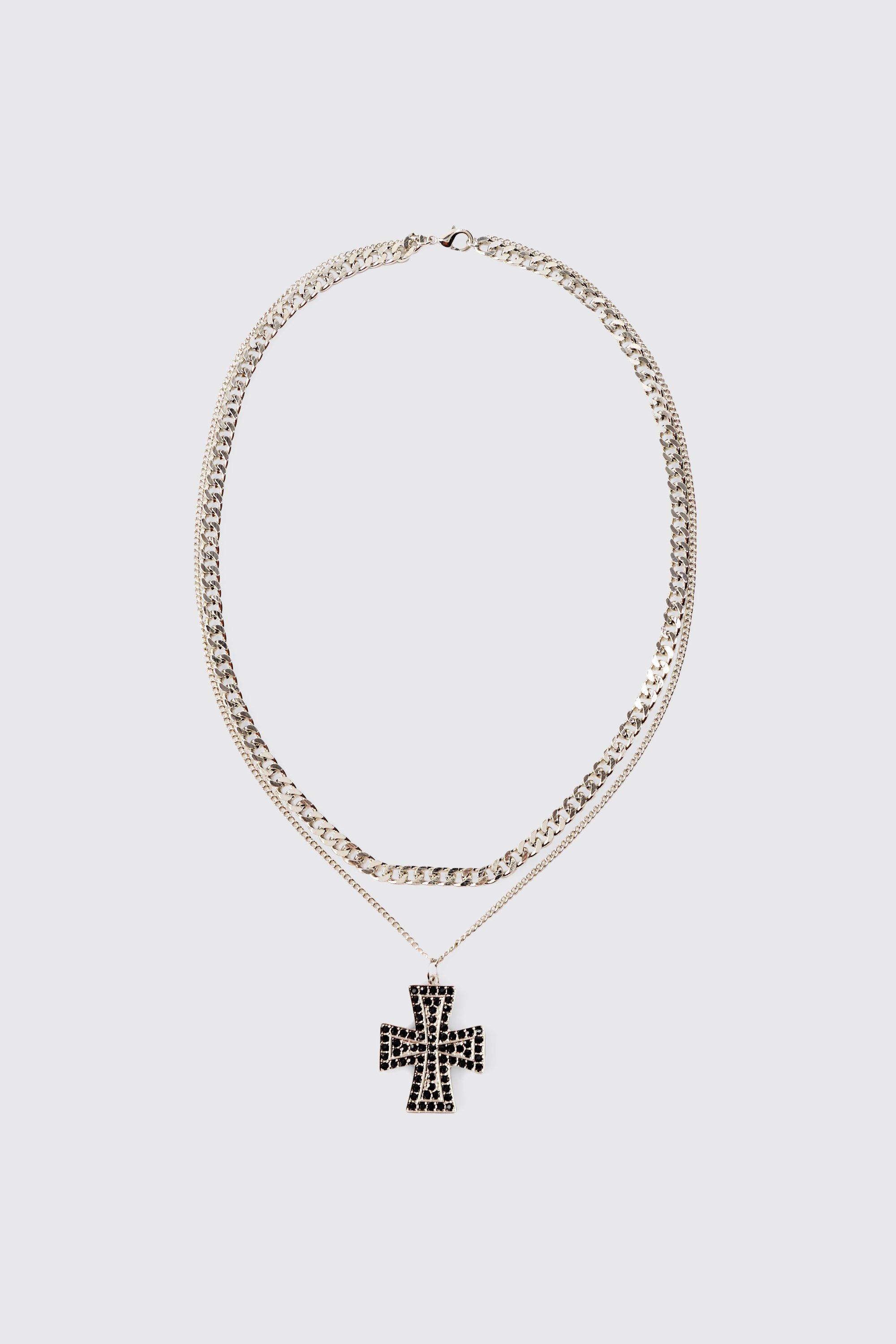 Mens Grey Iced Cross Pendant Double Chain Necklace In Silver, Grey