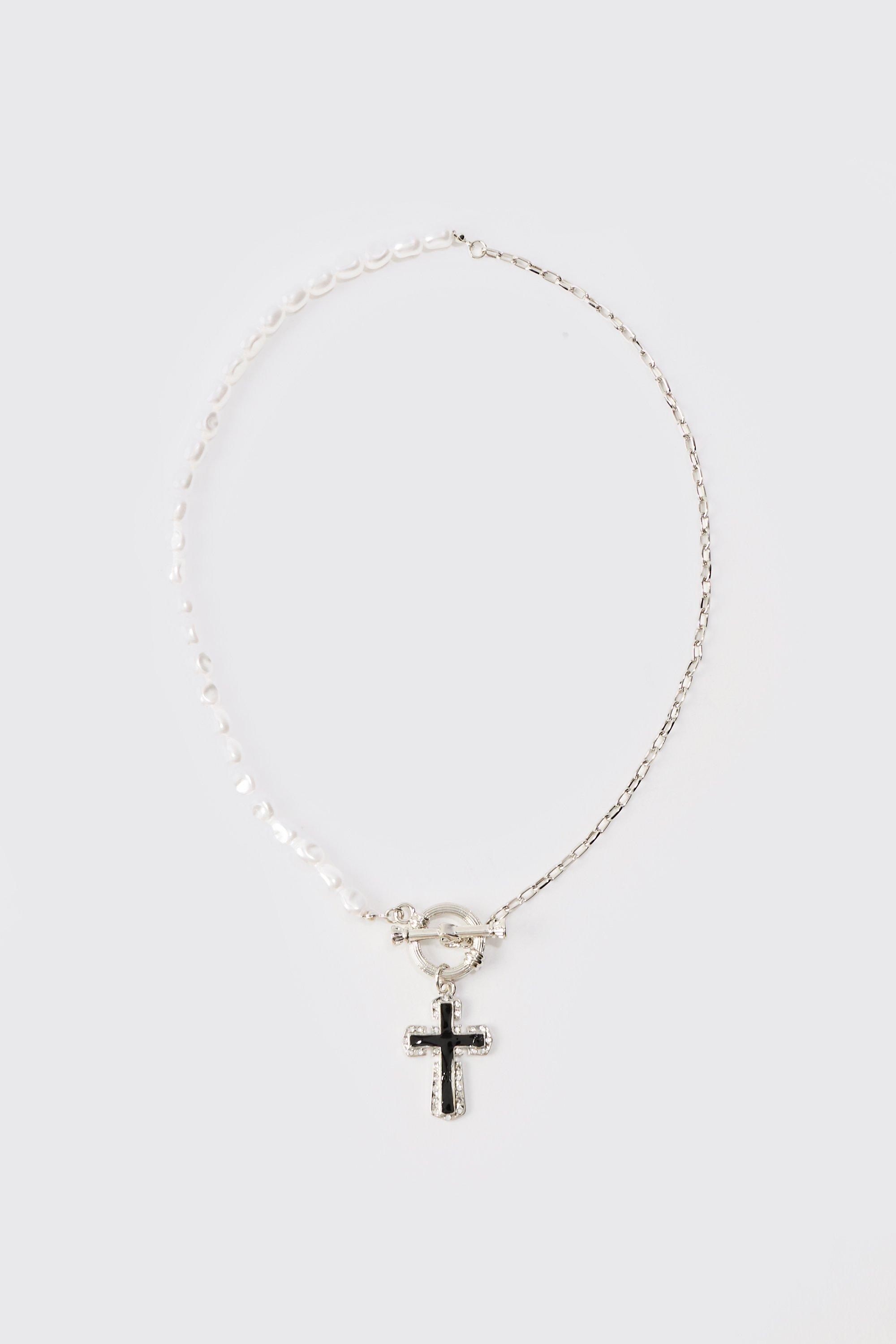 Mens Grey Pearl Cross Pendant Necklace In Silver, Grey