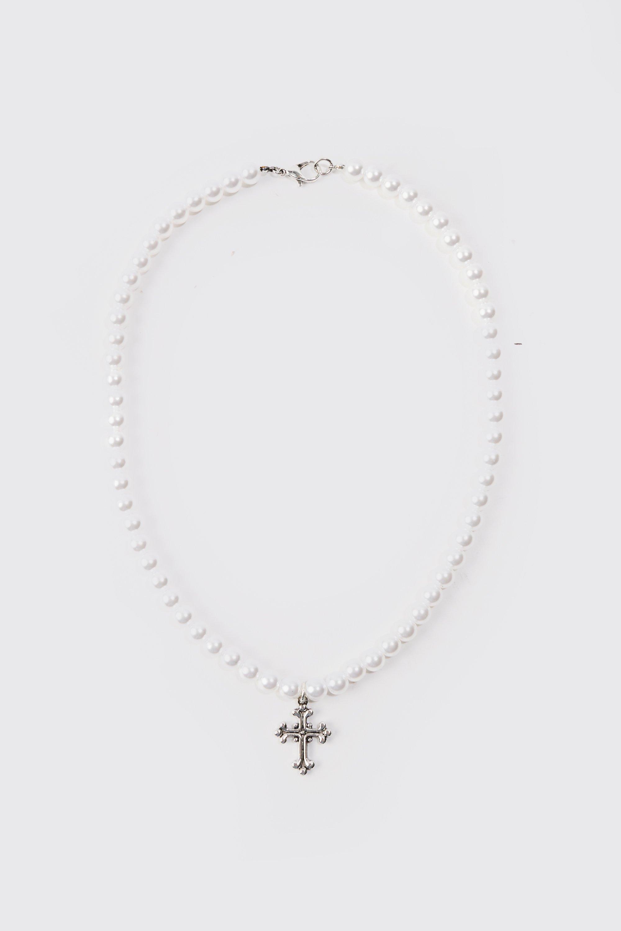 Collana di perle con pendente a croce in argento, Grigio