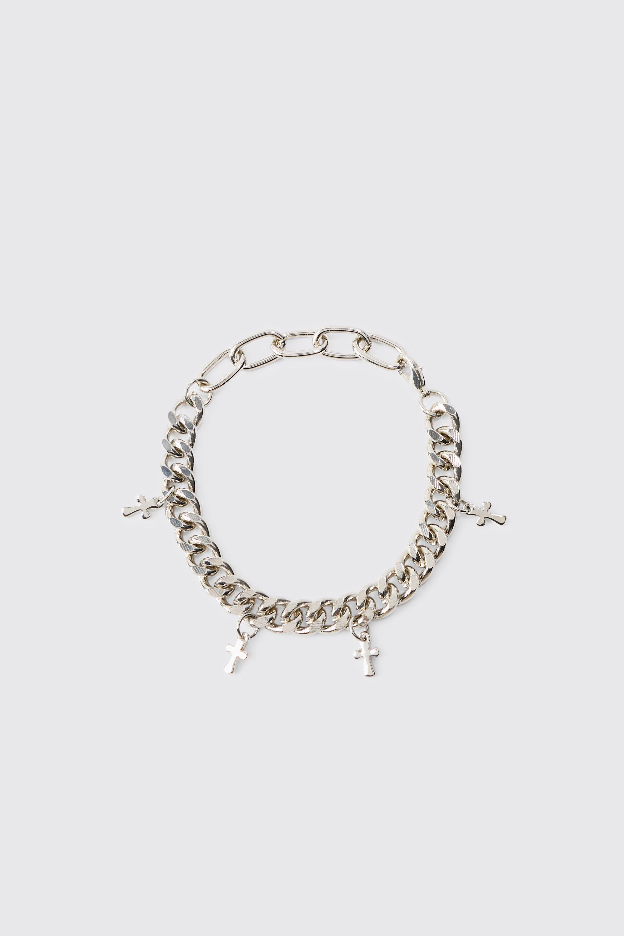 Mens Grey Cuban Chain Bracelet With Cross Pendants In Silver, Grey