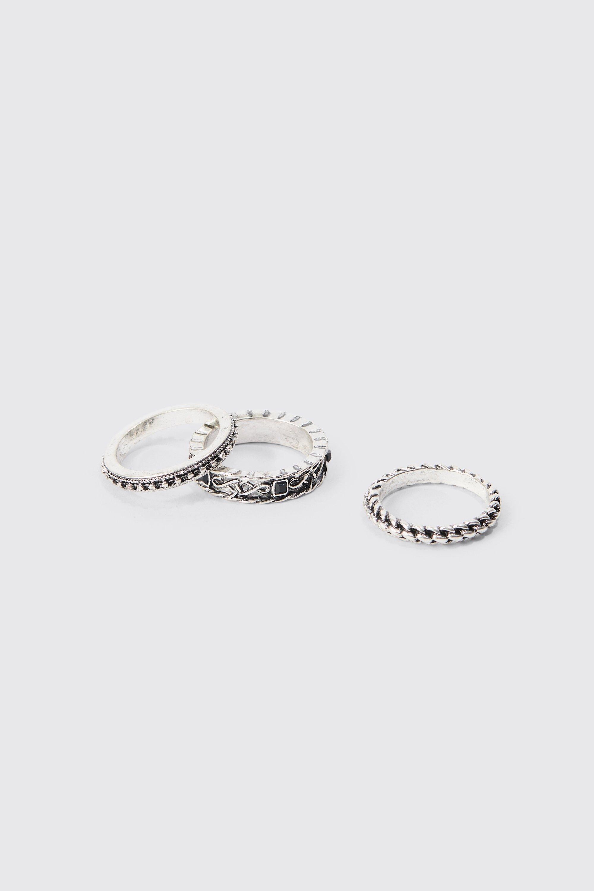 Mens Grey 3 Pack Stacked Rings In Silver, Grey